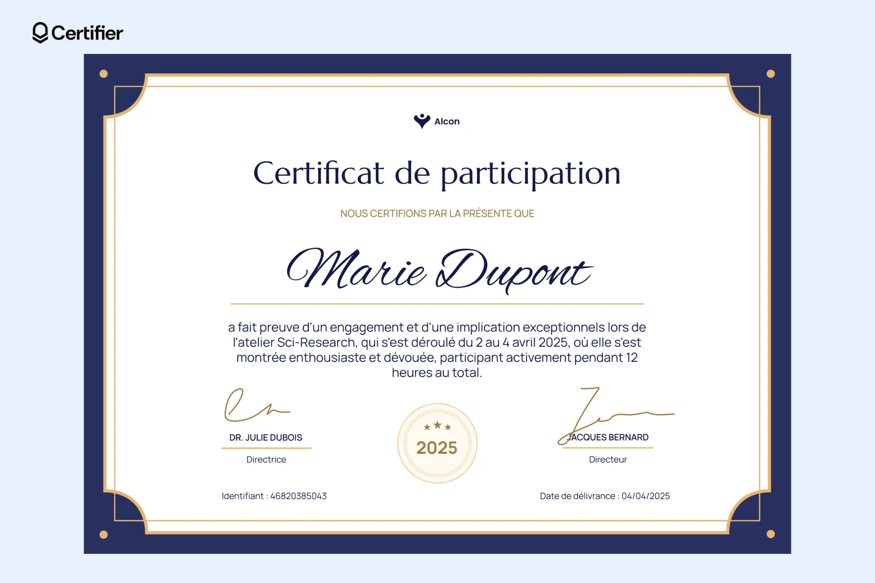Certificat de participation avec un design élégant, attribué à une personne pour un atelier de recherche scientifique. Certificat de participation avec un design élégant, attribué à une personne pour un atelier de recherche scientifique.