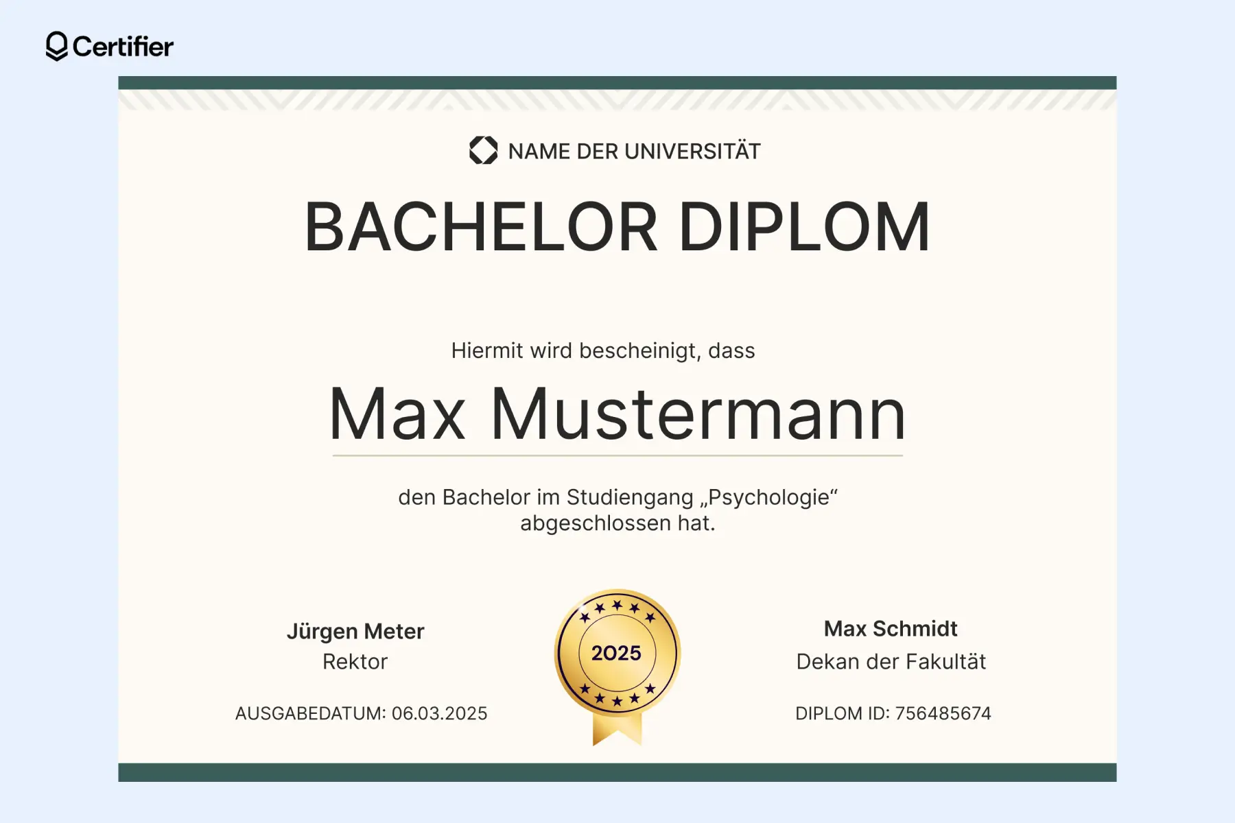 Eine Vorlage Diplom Word für einen Bachelorabschluss in Psychologie, mit einem eleganten Design in Creme und einem goldenen Auszeichnungsabzeichen. Eine Vorlage Diplom Word für einen Bachelorabschluss in Psychologie, mit einem eleganten Design in Creme und einem goldenen Auszeichnungsabzeichen.