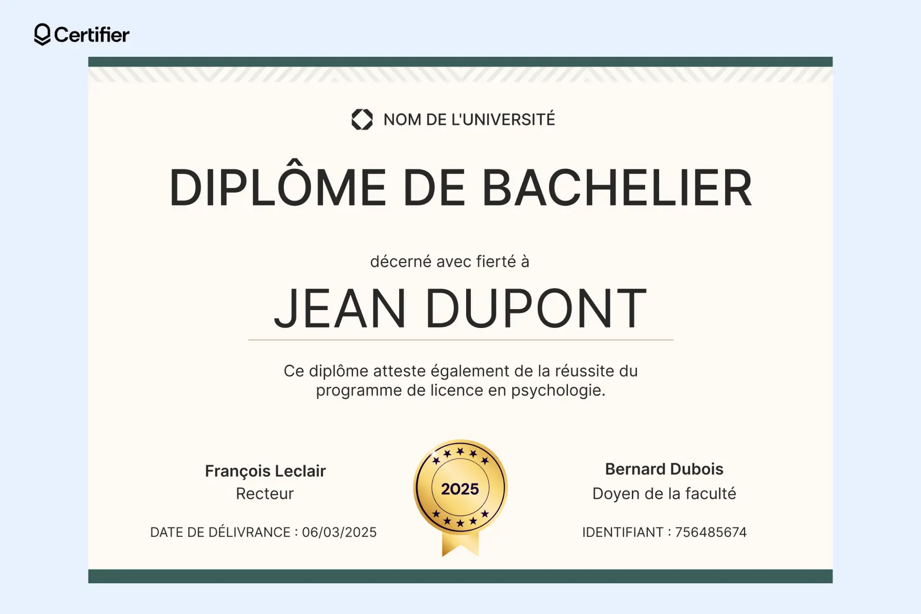 Modèle de diplôme modifiable avec un design simple et moderne, avec une médaille verte et dorée représentant l'année 2025. Modèle de diplôme modifiable avec un design simple et moderne, avec une médaille verte et dorée représentant l'année 2025.