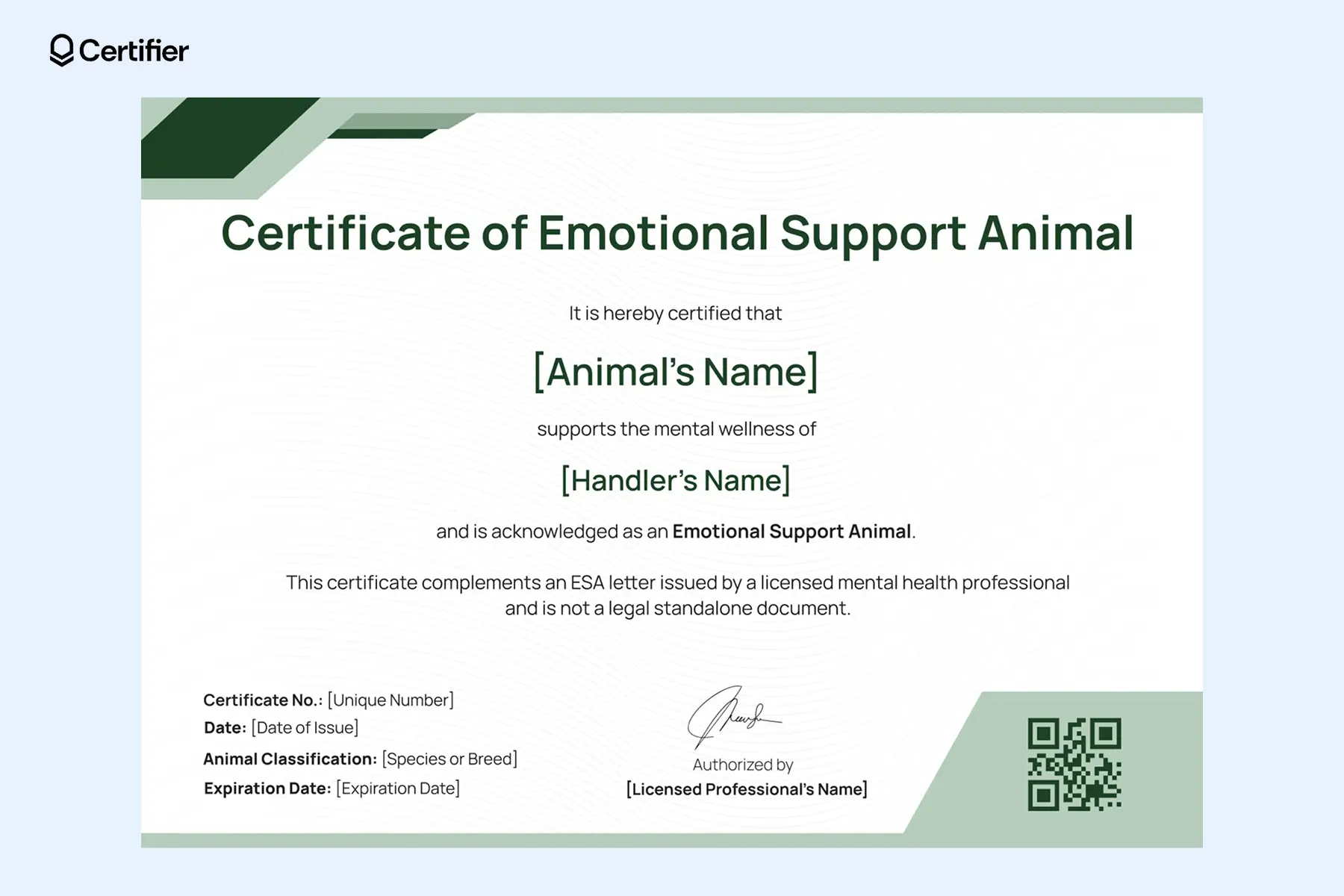 ESA certificate template with green header and structured medical layout. ESA certificate template with green header and structured medical layout.