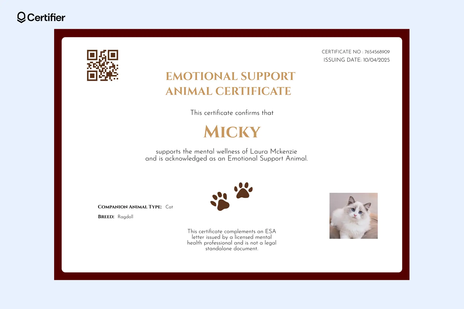 ESA certificate template with pet photo, QR code and editable fields for emotional support animal recognition; not a Fair Housing Act document. ESA certificate template with pet photo, QR code and editable fields for emotional support animal recognition; not a Fair Housing Act document.