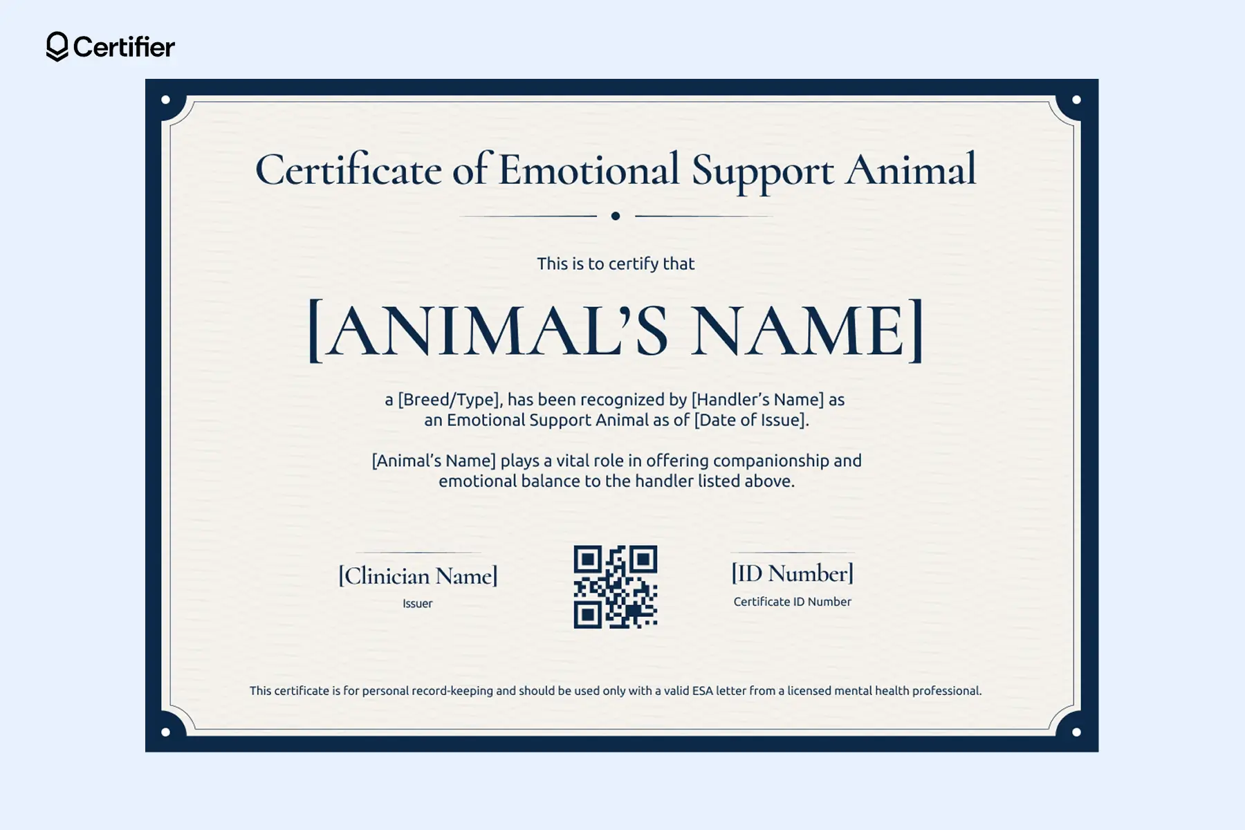 Printable emotional support dog certificate in PDF format for ESA records and symbolic display; complementary document for free ESA letter. Printable emotional support dog certificate in PDF format for ESA records and symbolic display; complementary document for free ESA letter.