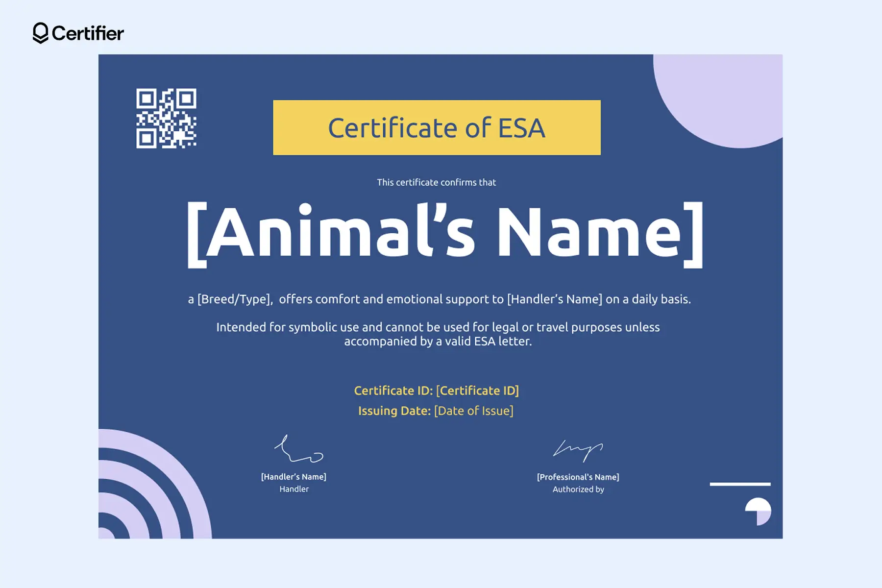 Free printable ESA certificate with modern blue and yellow color blocks. Free printable ESA certificate with modern blue and yellow color blocks.