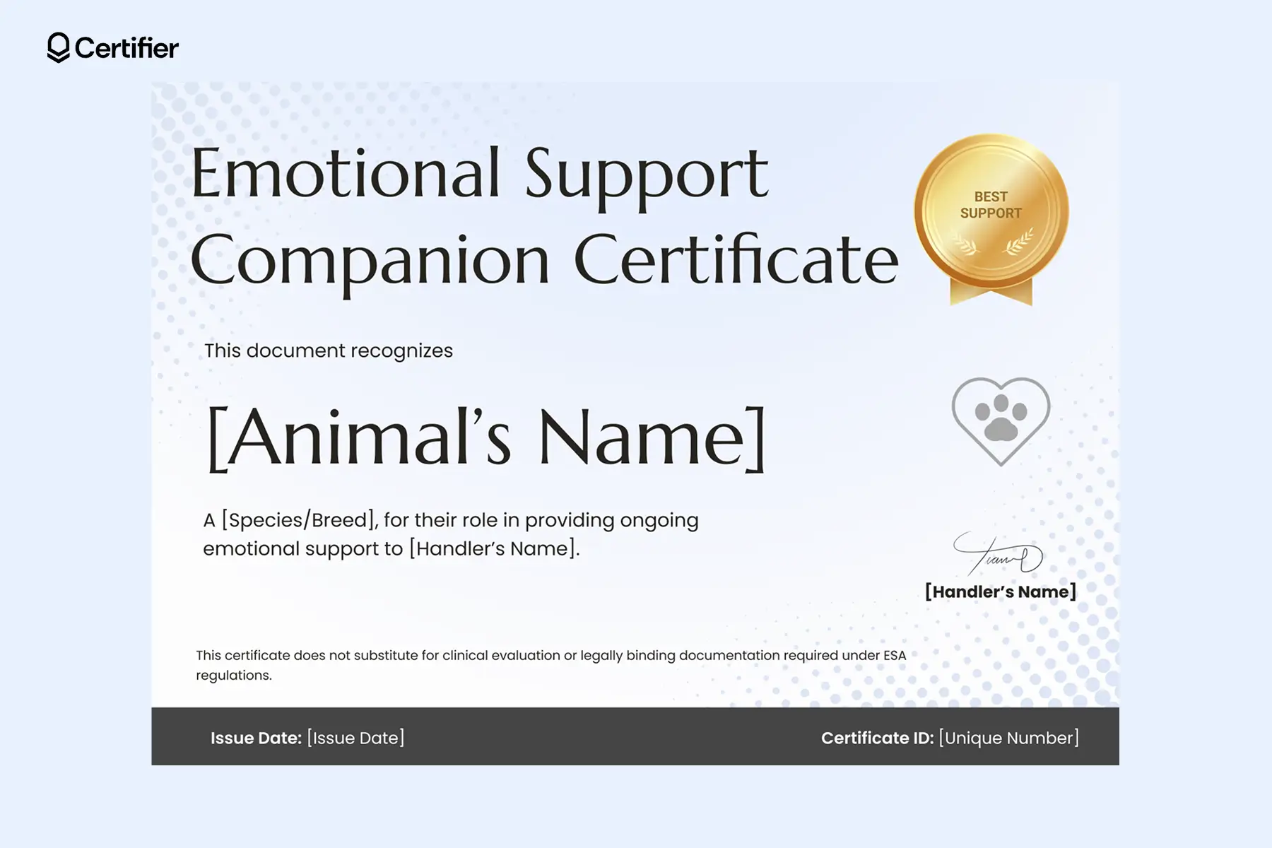 Blank emotional support animal certificate with lavender border and editable fields for PDF or print. Blank emotional support animal certificate with lavender border and editable fields for PDF or print.