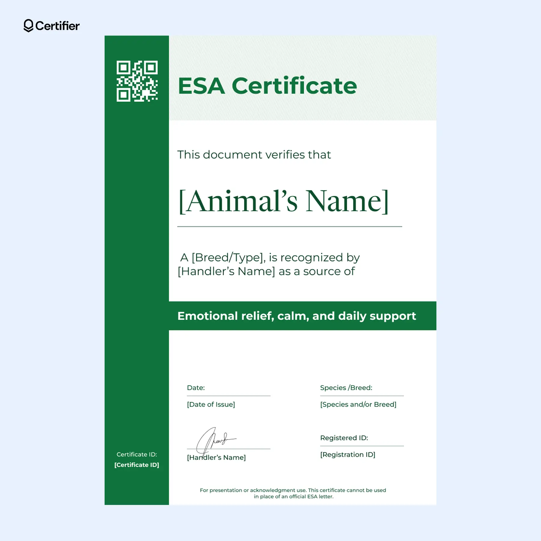 Free printable emotional support dog certificate with green border and editable ESA form fields. Free printable emotional support dog certificate with green border and editable ESA form fields.