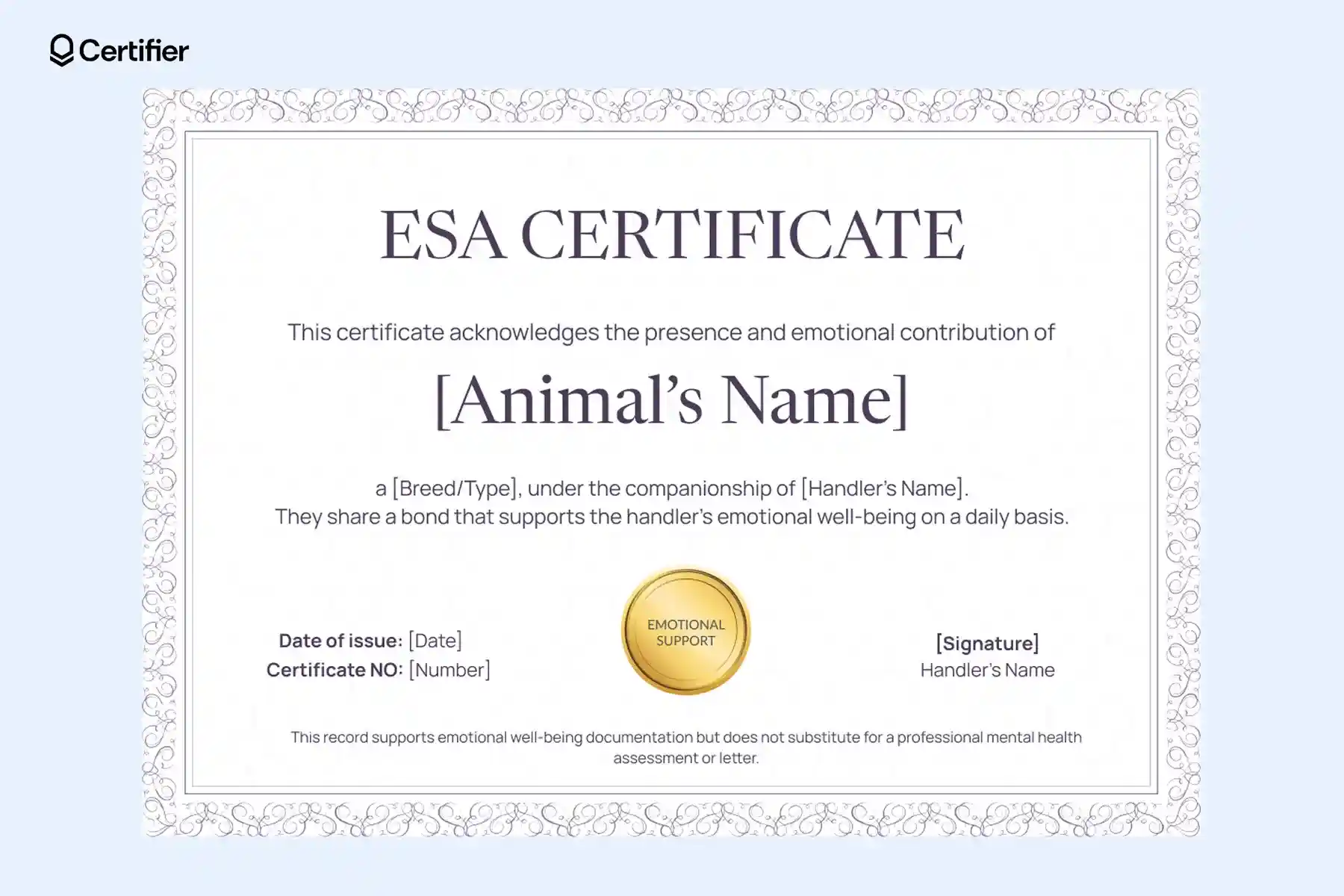Emotional support animal template in vertical format with printable fields and QR code for secure recordkeeping. Emotional support animal template in vertical format with printable fields and QR code for secure recordkeeping.