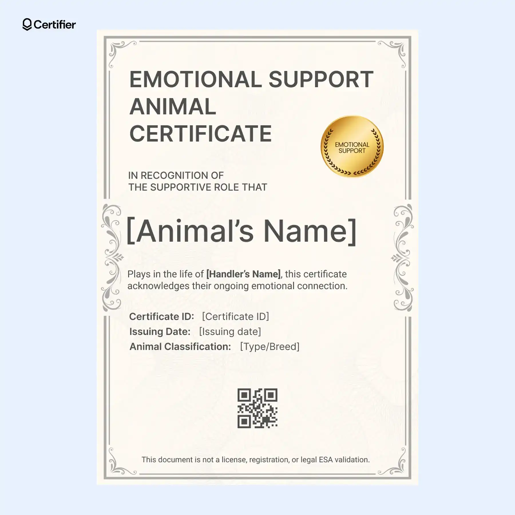 Emotional support animal template in vertical format with printable fields and QR code for secure recordkeeping. Emotional support animal template in vertical format with printable fields and QR code for secure recordkeeping.