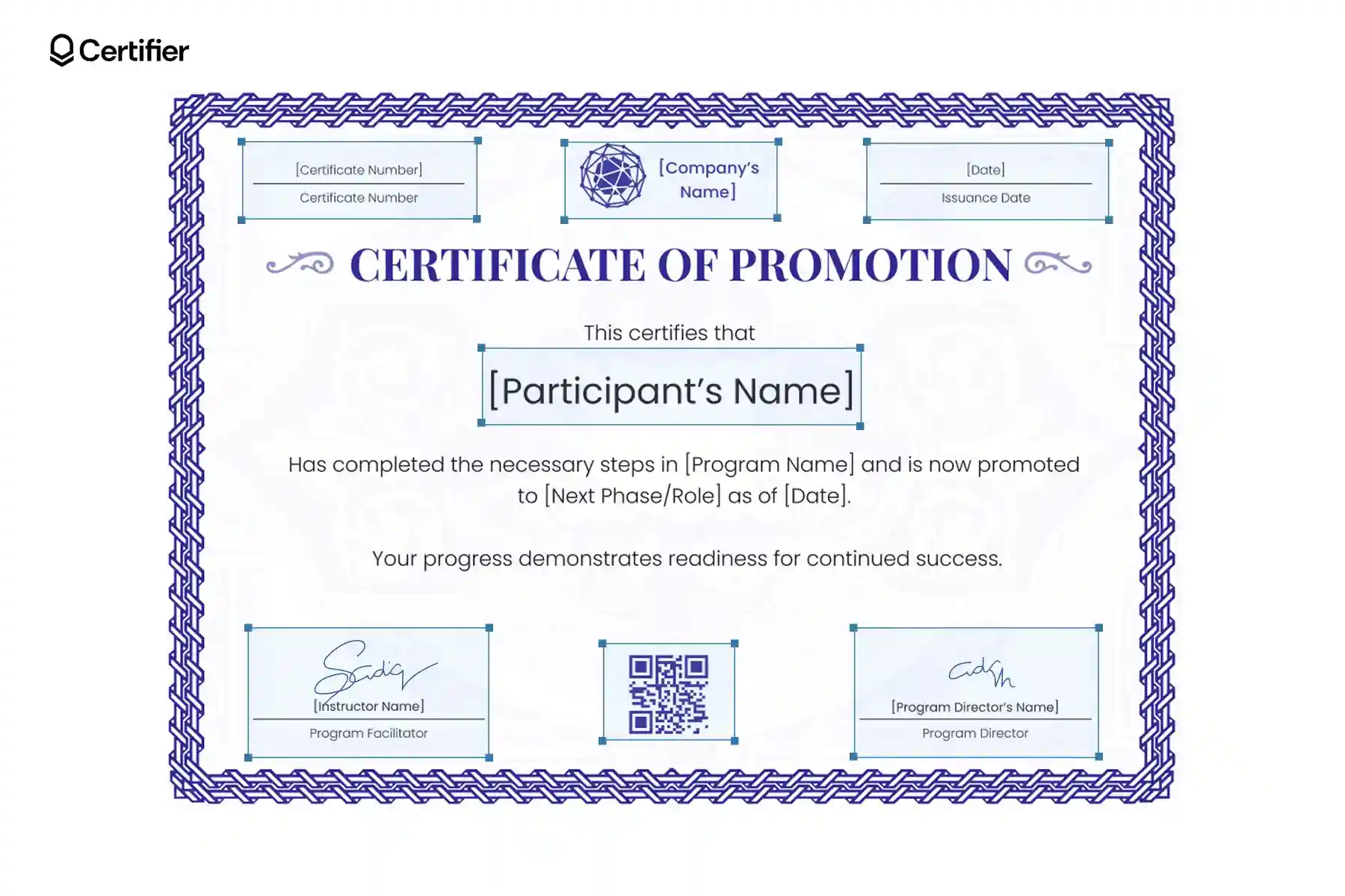Certificate of promotion template with purple border and two signatures and editable fields. Certificate of promotion template with purple border and two signatures and editable fields.