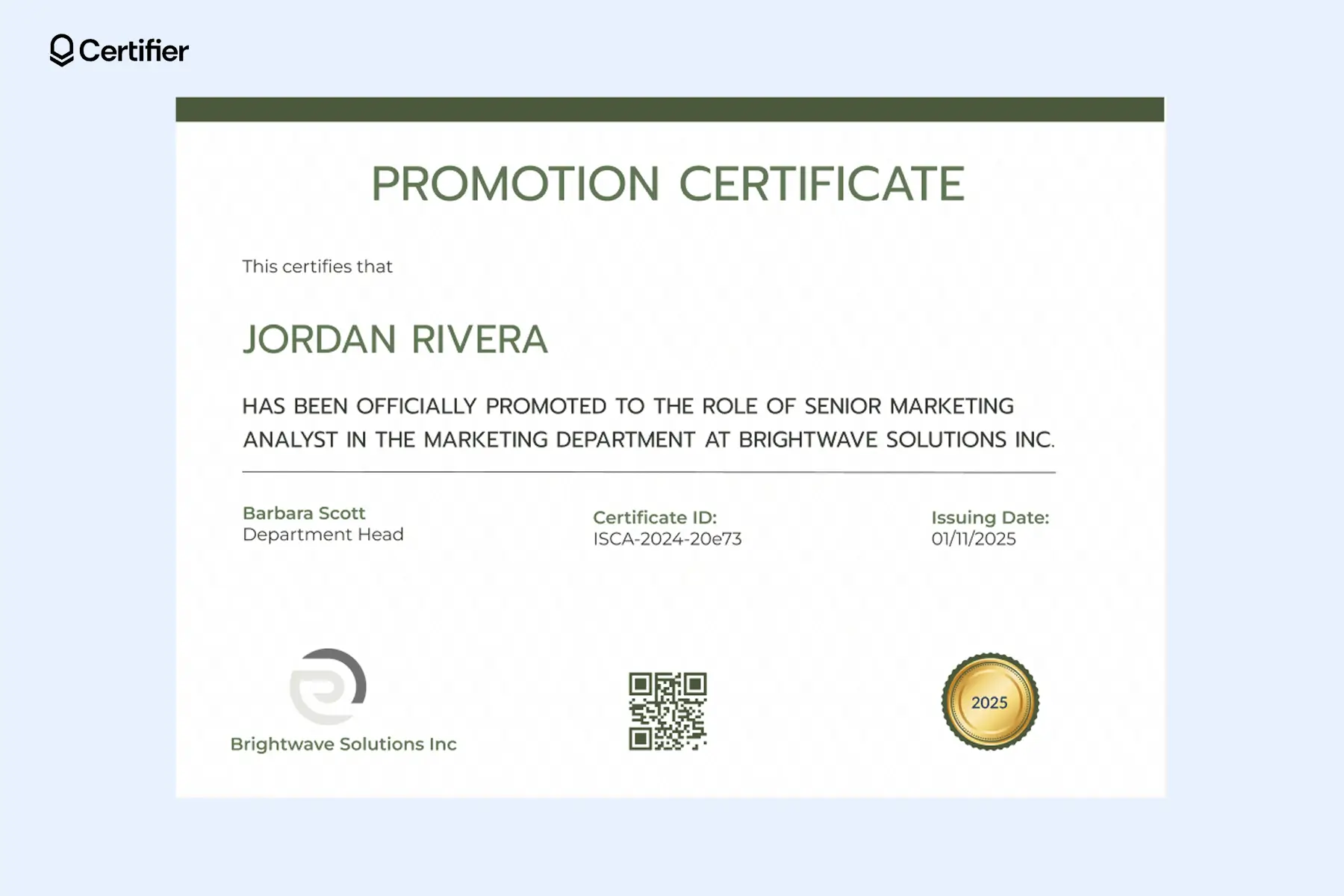 Promotion certificate template free to use with green design elements, QR code, golden seal and more. Promotion certificate template free to use with green design elements, QR code, golden seal and more.