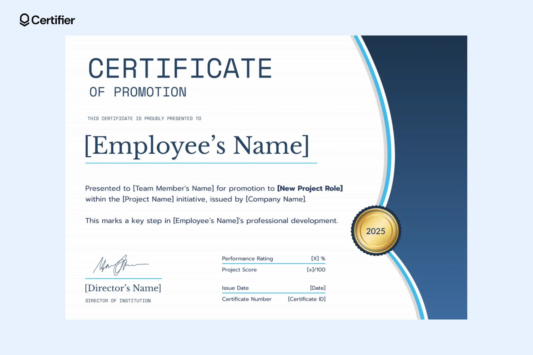 Editable promotion certificate template featuring a curved design layout, used for recognizing internal project advancements. Editable promotion certificate template featuring a curved design layout, used for recognizing internal project advancements.