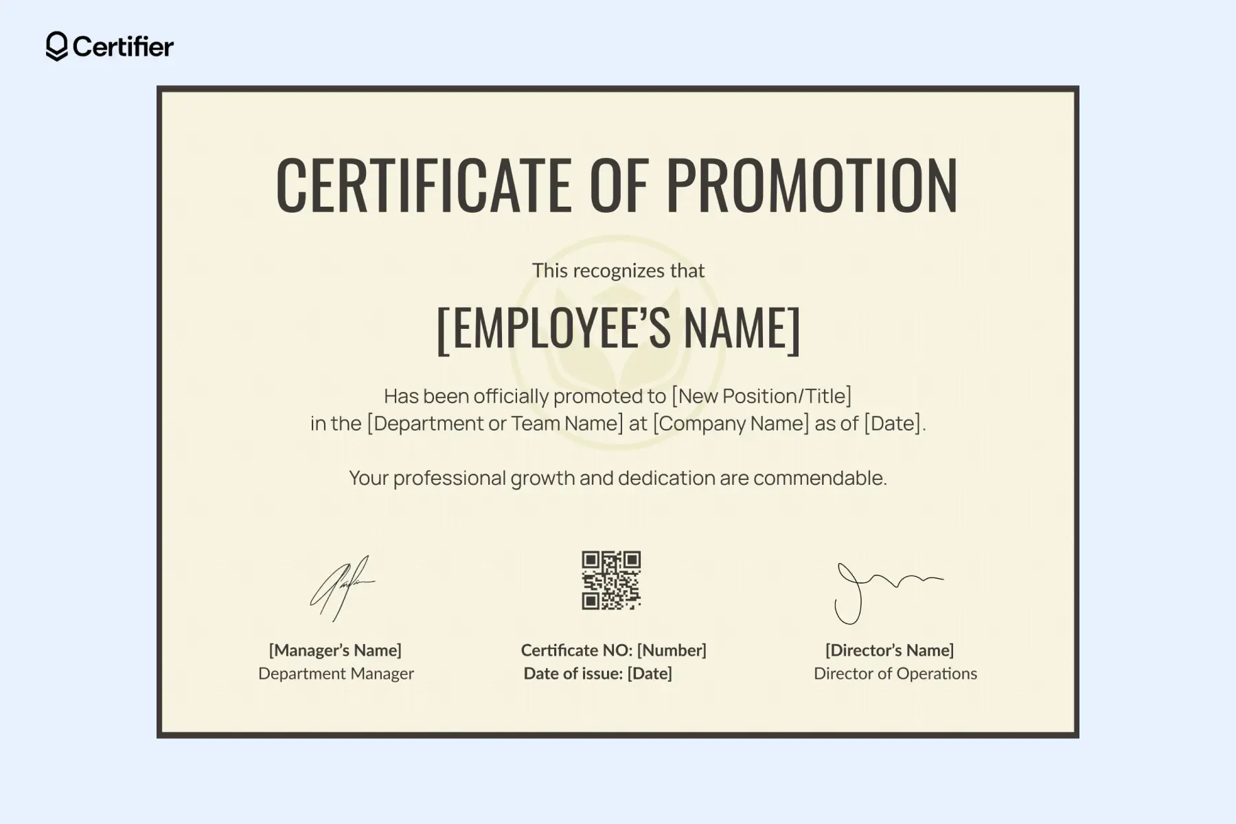 Professional certificate of promotion with a beige background, used for employee role advancement or internal career progression. Professional certificate of promotion with a beige background, used for employee role advancement or internal career progression.
