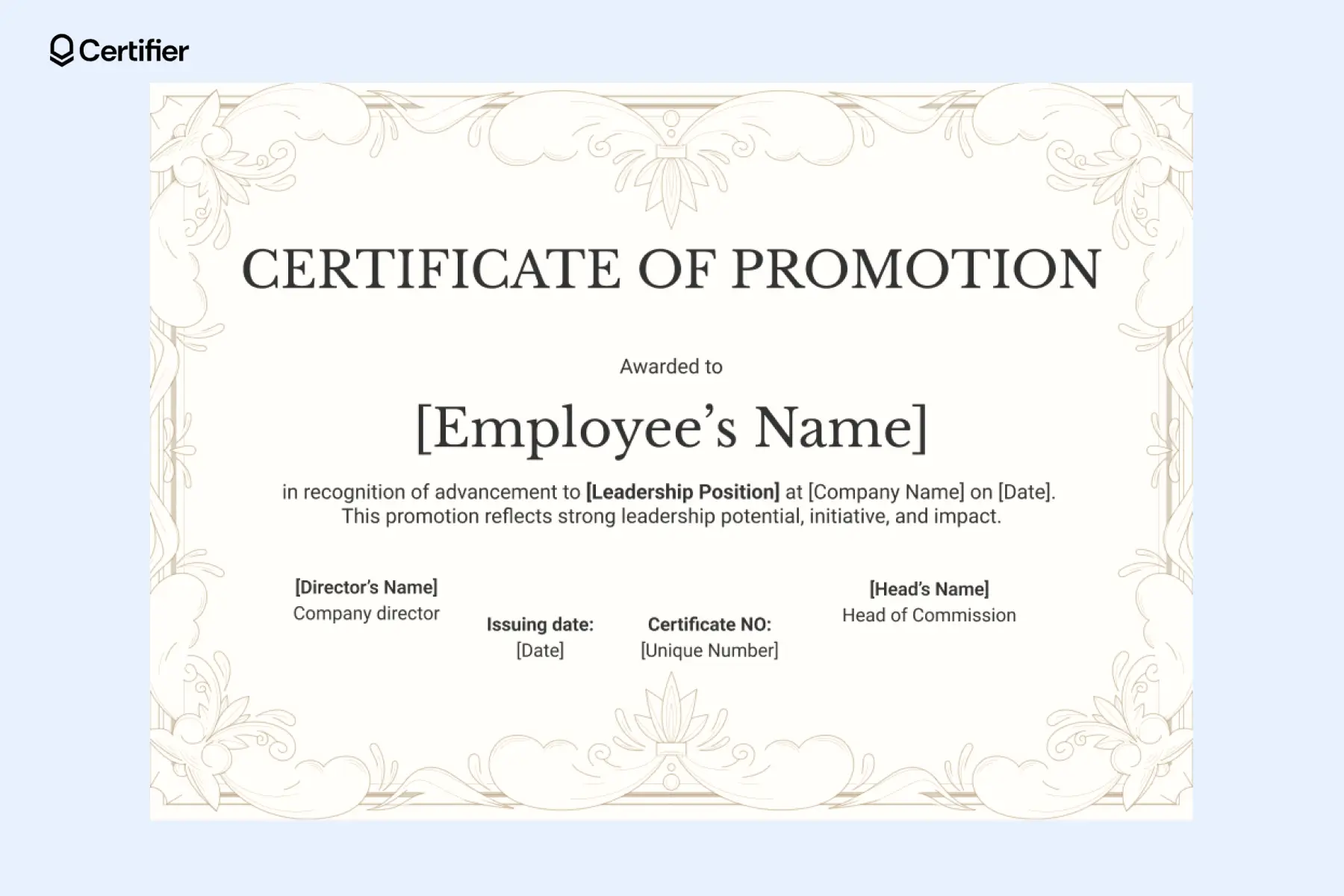 Beige promotion certificate template styled for leadership acknowledgments, featuring a classic layout and ample signature space; ready to download. Beige promotion certificate template styled for leadership acknowledgments, featuring a classic layout and ample signature space; ready to download.