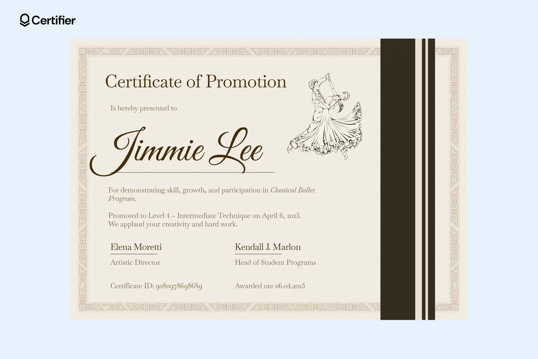 Dance and music certificate of promotion template with elegant graphics and customizable fields for arts programs. Dance and music certificate of promotion template with elegant graphics and customizable fields for arts programs.