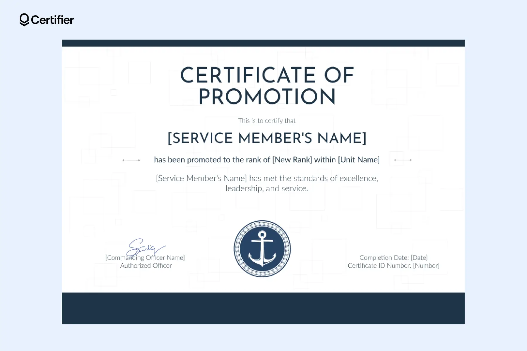 Navy-themed military promotion certificate template, including fields for rank, date and digital verification tools. Navy-themed military promotion certificate template, including fields for rank, date and digital verification tools.