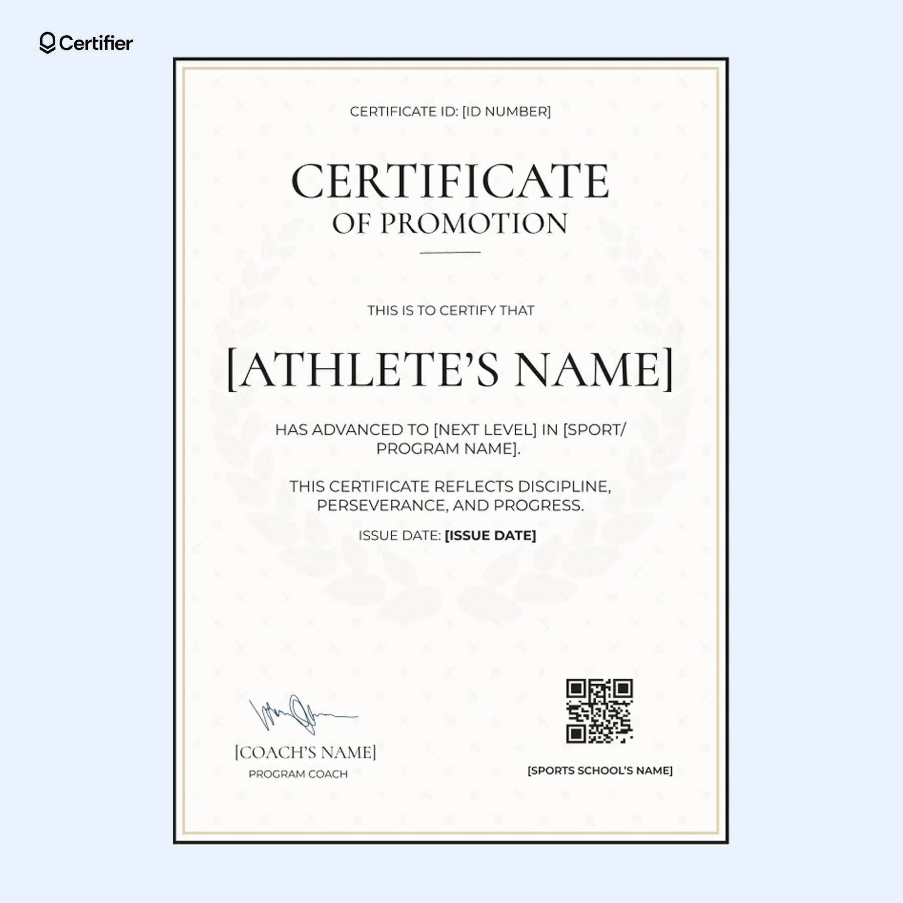 Athletic promotion certificate featuring a minimalist layout and verification-ready QR code, commonly used in coaching programs. Athletic promotion certificate featuring a minimalist layout and verification-ready QR code, commonly used in coaching programs.