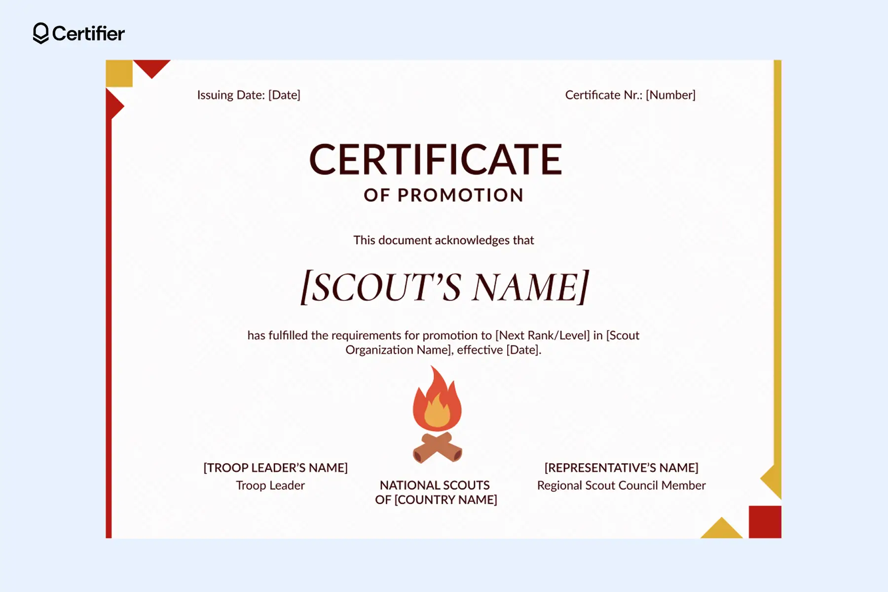 Scout program promotion certificate template including troop details and signature blocks for formal youth recognition. Scout program promotion certificate template including troop details and signature blocks for formal youth recognition.