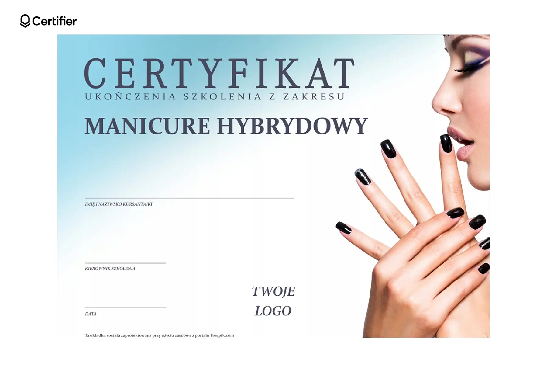 Elegancki certyfikat paznokcie hybrydowe ze stonowanym tłem i grafiką dłoni z czarnym lakierem—idealny do szkoleń z manicure i jako certyfikat stylizacji paznokci w PDF. Elegancki certyfikat paznokcie hybrydowe ze stonowanym tłem i grafiką dłoni z czarnym lakierem—idealny do szkoleń z manicure i jako certyfikat stylizacji paznokci w PDF.