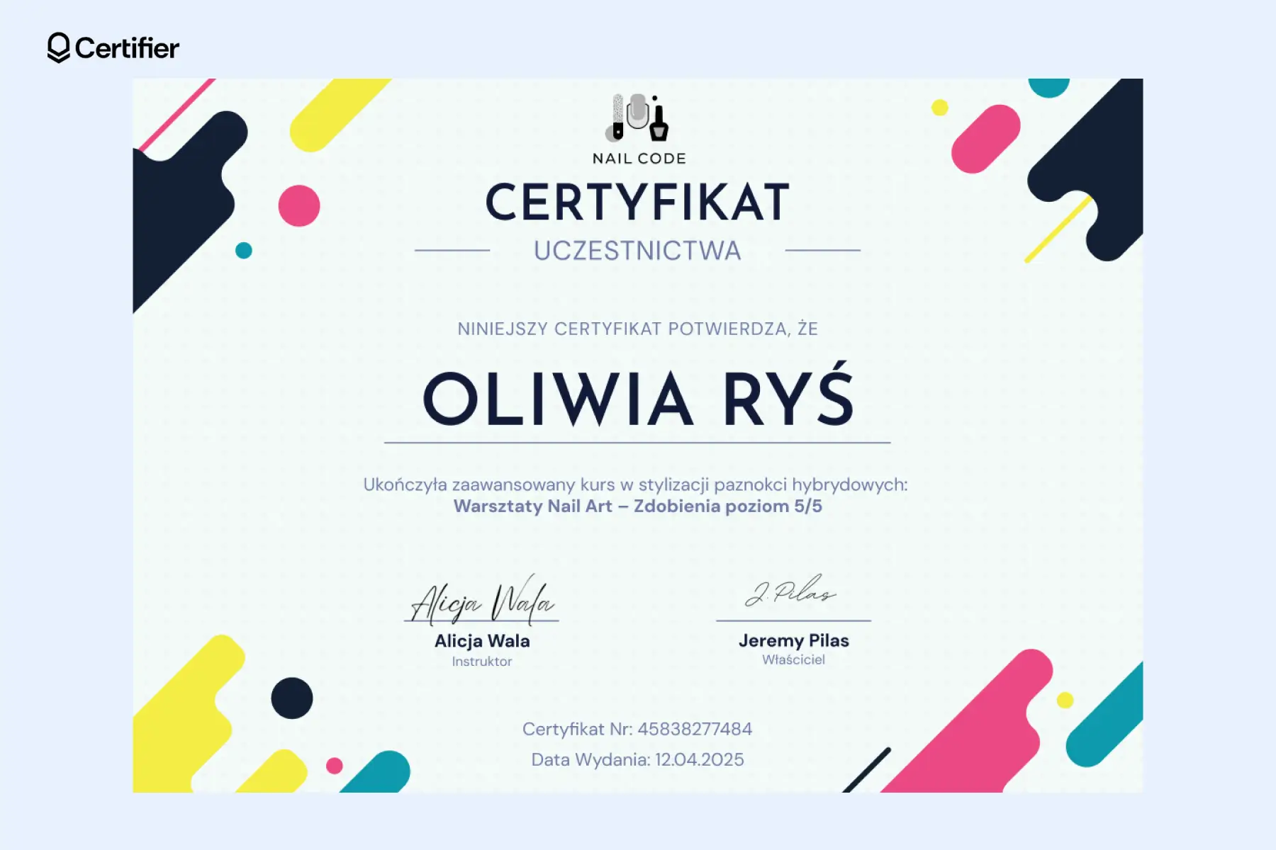 Kolorowy certyfikat paznokcie hybrydowe o nowoczesnym układzie, idealny na kursy zdobień i stylizacji. Kolorowy certyfikat paznokcie hybrydowe o nowoczesnym układzie, idealny na kursy zdobień i stylizacji.