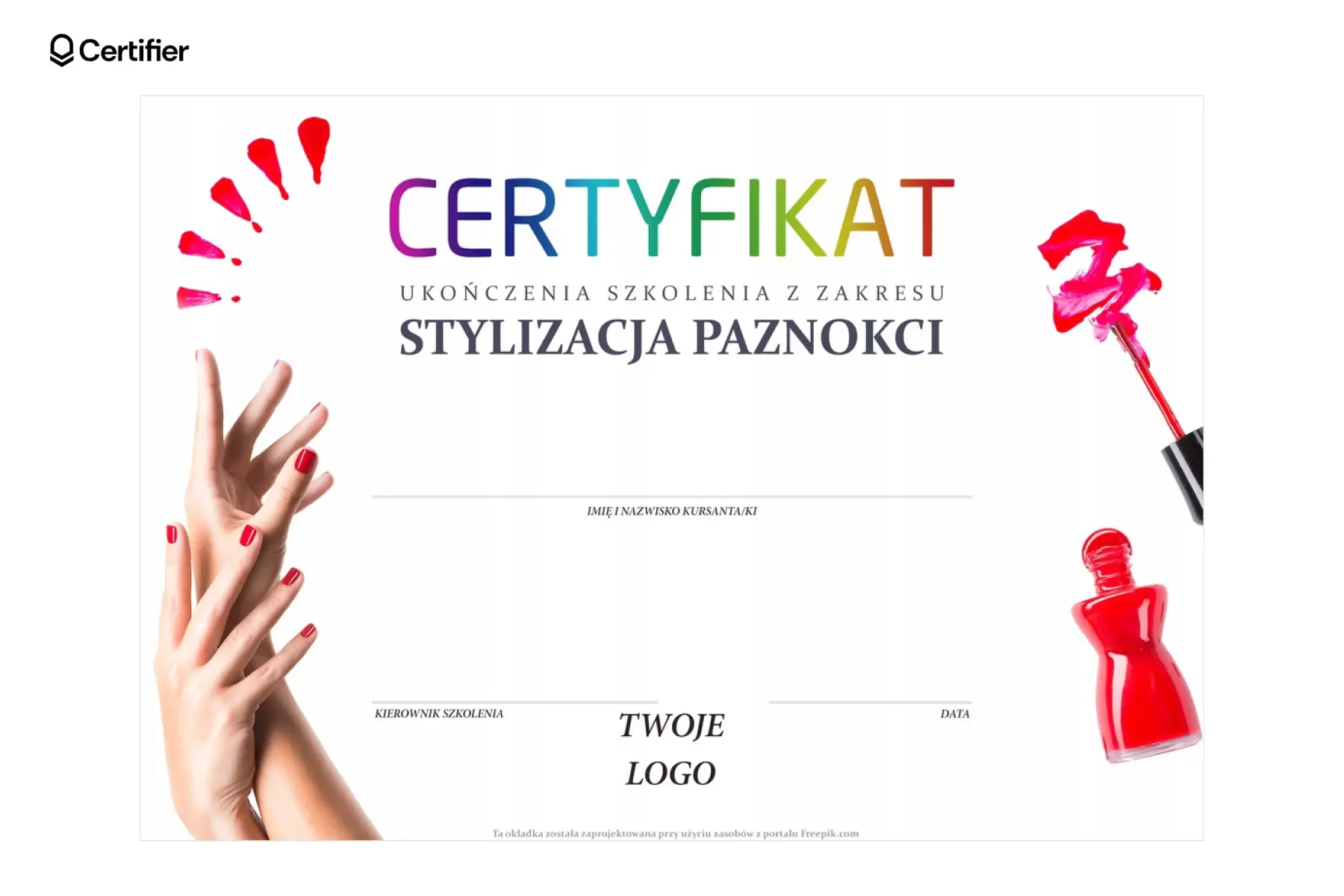 Kolorowy certyfikat ukończenia kursu stylizacji paznokci z grafiką dłoni i czerwonym lakierem jako inspirujący certyfikat paznokcie wzór. Kolorowy certyfikat ukończenia kursu stylizacji paznokci z grafiką dłoni i czerwonym lakierem jako inspirujący certyfikat paznokcie wzór.