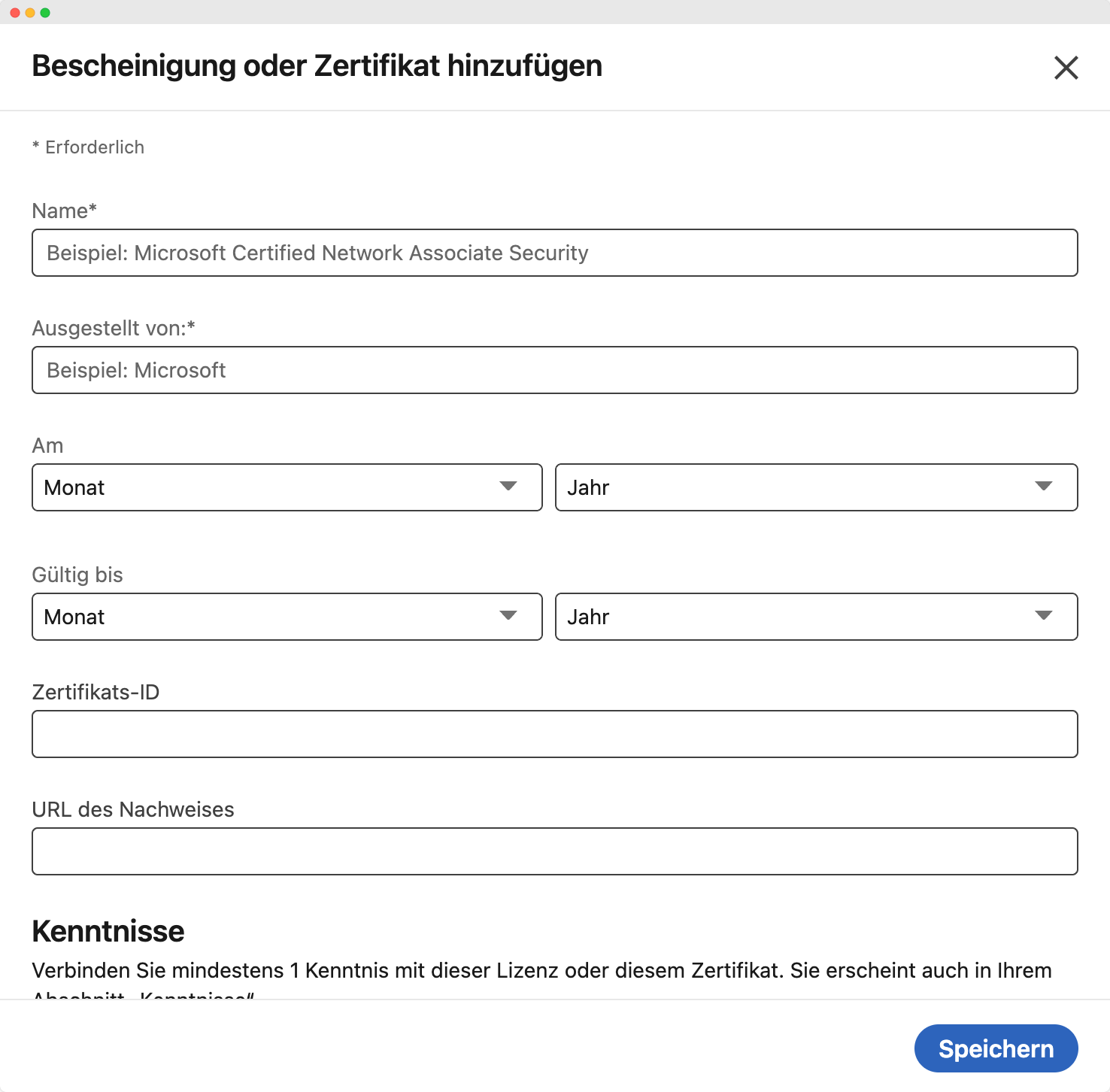 Screenshot der LinkedIn-Oberfläche zum Hinzufügen von LinkedIn Bescheinigungen und Zertifikate, mit Feldern für den Namen des Zertifikats, den Aussteller, das Ausstellungsdatum, das Ablaufdatum, die Zertifikats-ID, die URL und zugehörige Kenntnisse. Screenshot der LinkedIn-Oberfläche zum Hinzufügen von LinkedIn Bescheinigungen und Zertifikate, mit Feldern für den Namen des Zertifikats, den Aussteller, das Ausstellungsdatum, das Ablaufdatum, die Zertifikats-ID, die URL und zugehörige Kenntnisse.