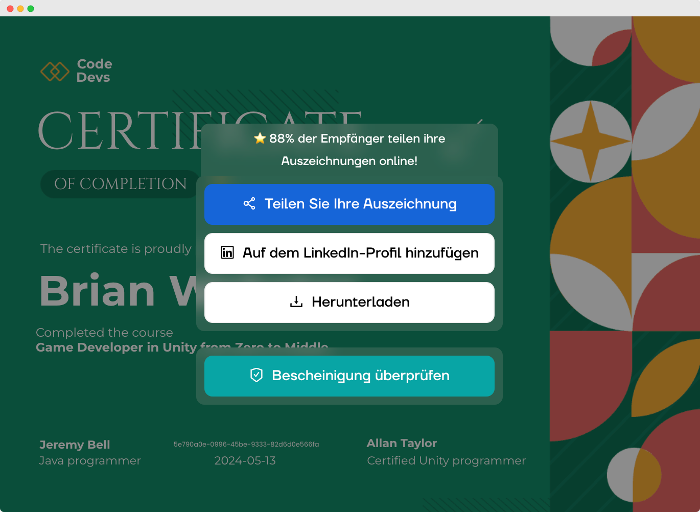 Ein Screenshot eines Zertifikats in Certifiers Digital Wallet, das das Hinzufügen des Zertifikats zu LinkedIn mit einem Klick ermöglicht. Ein Screenshot eines Zertifikats in Certifiers Digital Wallet, das das Hinzufügen des Zertifikats zu LinkedIn mit einem Klick ermöglicht.
