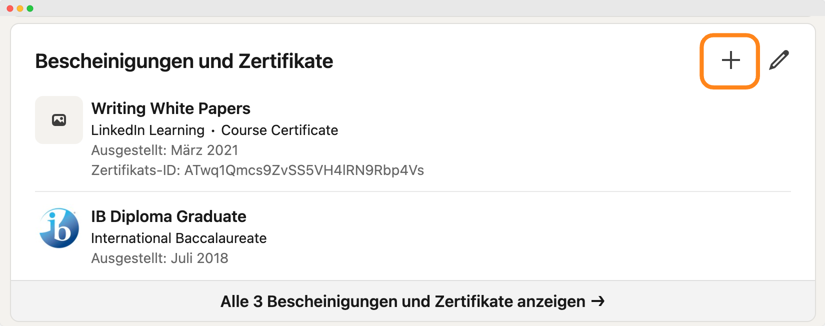 Ein Screenshot der LinkedIn-Oberfläche, der zeigt, wie man ein Zertifikat zu LinkedIn hinzufügt. Ein Screenshot der LinkedIn-Oberfläche, der zeigt, wie man ein Zertifikat zu LinkedIn hinzufügt.