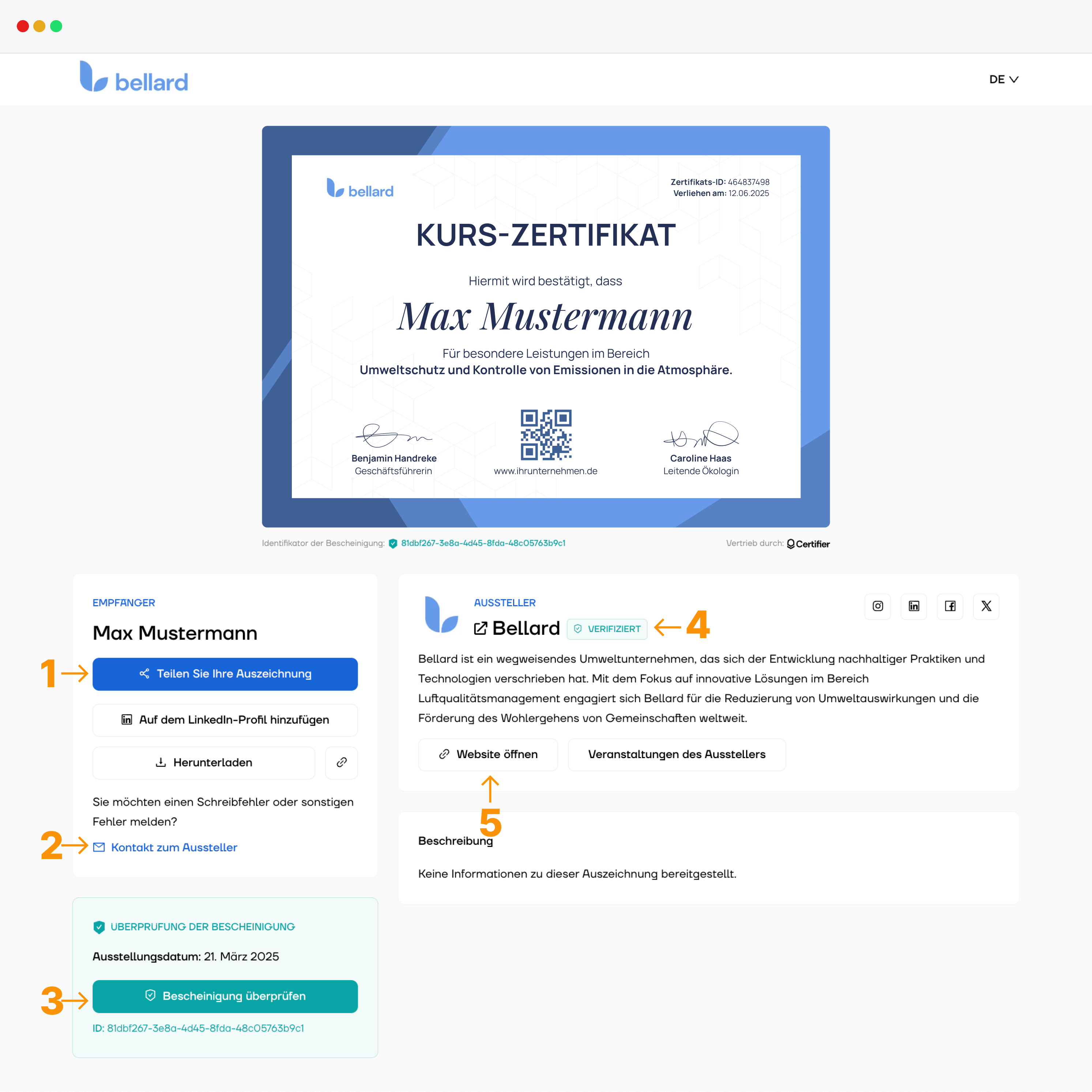 Eine Detailansicht einer digitalen Geldbörse mit einem Beispiel für ein digitales Zertifikat und Funktionen wie Ein-Klick-Verifizierung, Problemberichterstattung, Anpassung und Statusabzeichen für verifizierte Aussteller. Eine Detailansicht einer digitalen Geldbörse mit einem Beispiel für ein digitales Zertifikat und Funktionen wie Ein-Klick-Verifizierung, Problemberichterstattung, Anpassung und Statusabzeichen für verifizierte Aussteller.