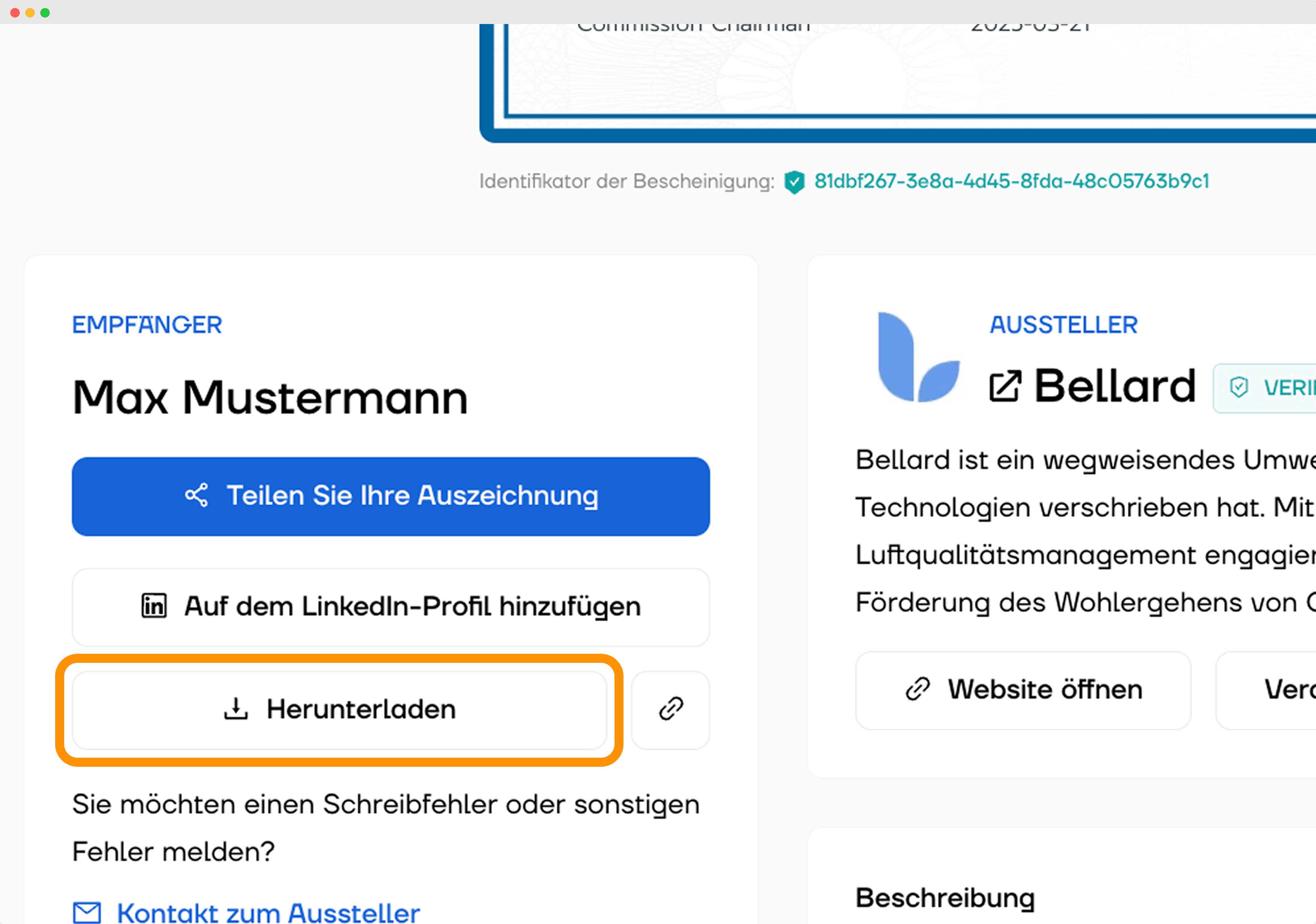 Option zum Herunterladen von Zertifikaten neben den Freigabetools in der digitalen Brieftasche eines Empfängers, die hervorhebt, wie man digitale Zertifikate online erstellt, um sie einfach zu verteilen. Option zum Herunterladen von Zertifikaten neben den Freigabetools in der digitalen Brieftasche eines Empfängers, die hervorhebt, wie man digitale Zertifikate online erstellt, um sie einfach zu verteilen.