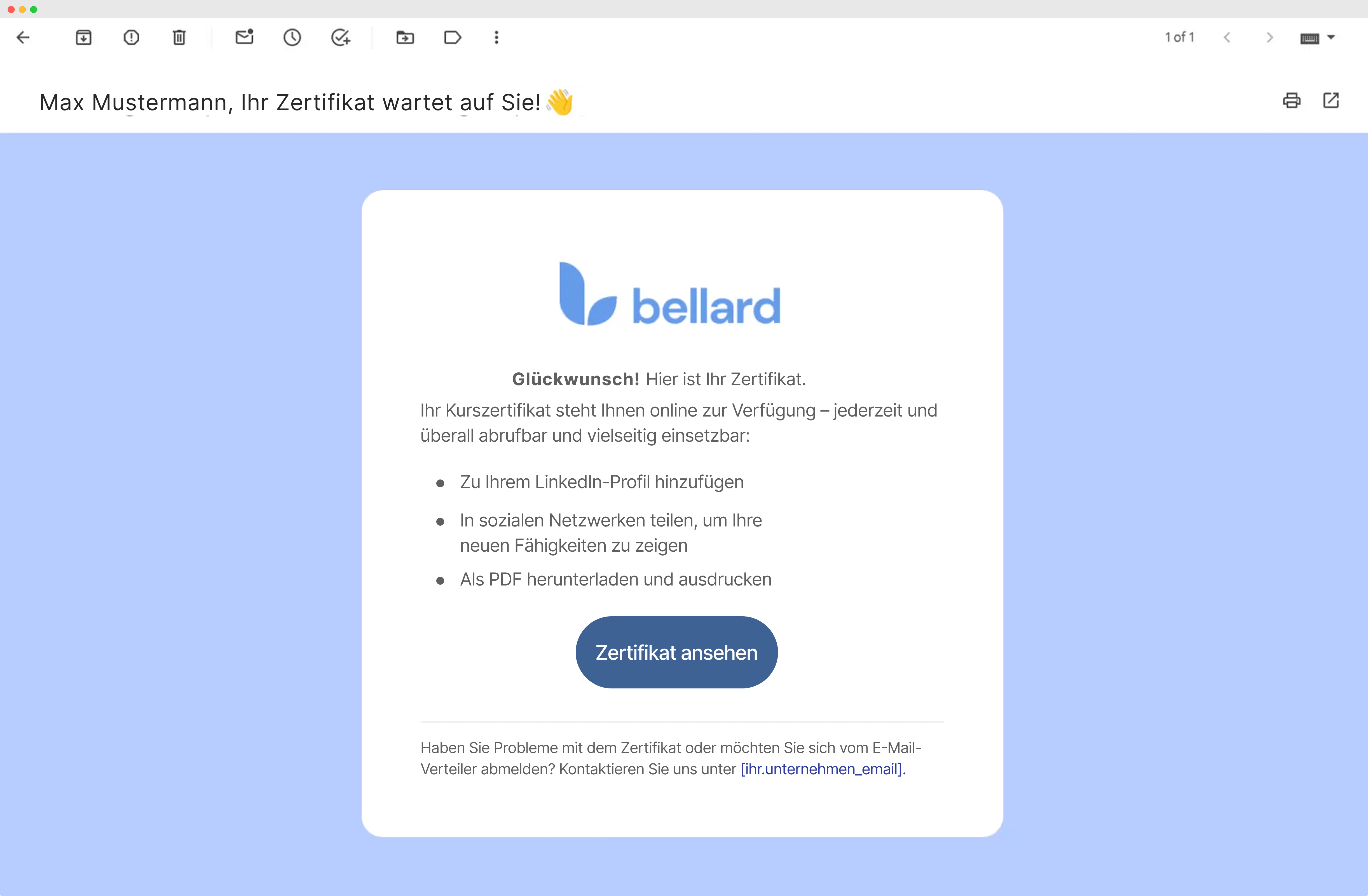 Eine E-Mail-Benachrichtigung, die den Empfänger über seine digitalen Zertifikate informiert und den letzten Schritt im Prozess zur Erstellung eines Zertifikats und dessen elektronischer Verteilung veranschaulicht. Eine E-Mail-Benachrichtigung, die den Empfänger über seine digitalen Zertifikate informiert und den letzten Schritt im Prozess zur Erstellung eines Zertifikats und dessen elektronischer Verteilung veranschaulicht.