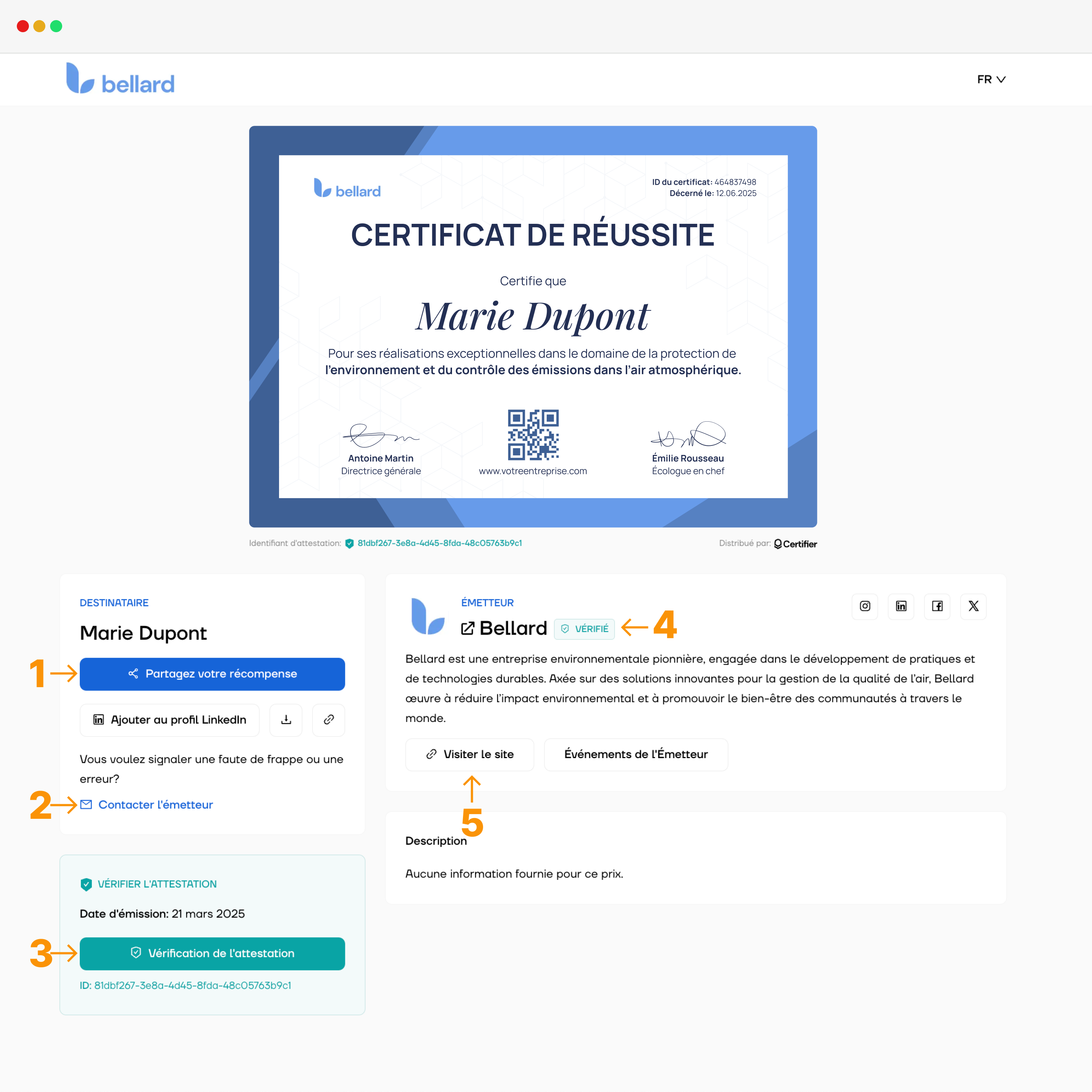 Une vue détaillée d'un portefeuille numérique avec un exemple de certificat personnalisé et des fonctionnalités telles que la vérification en un clic, le signalement de problème, la personnalisation et le badge de statut d'émetteur vérifié. Une vue détaillée d'un portefeuille numérique avec un exemple de certificat personnalisé et des fonctionnalités telles que la vérification en un clic, le signalement de problème, la personnalisation et le badge de statut d'émetteur vérifié.