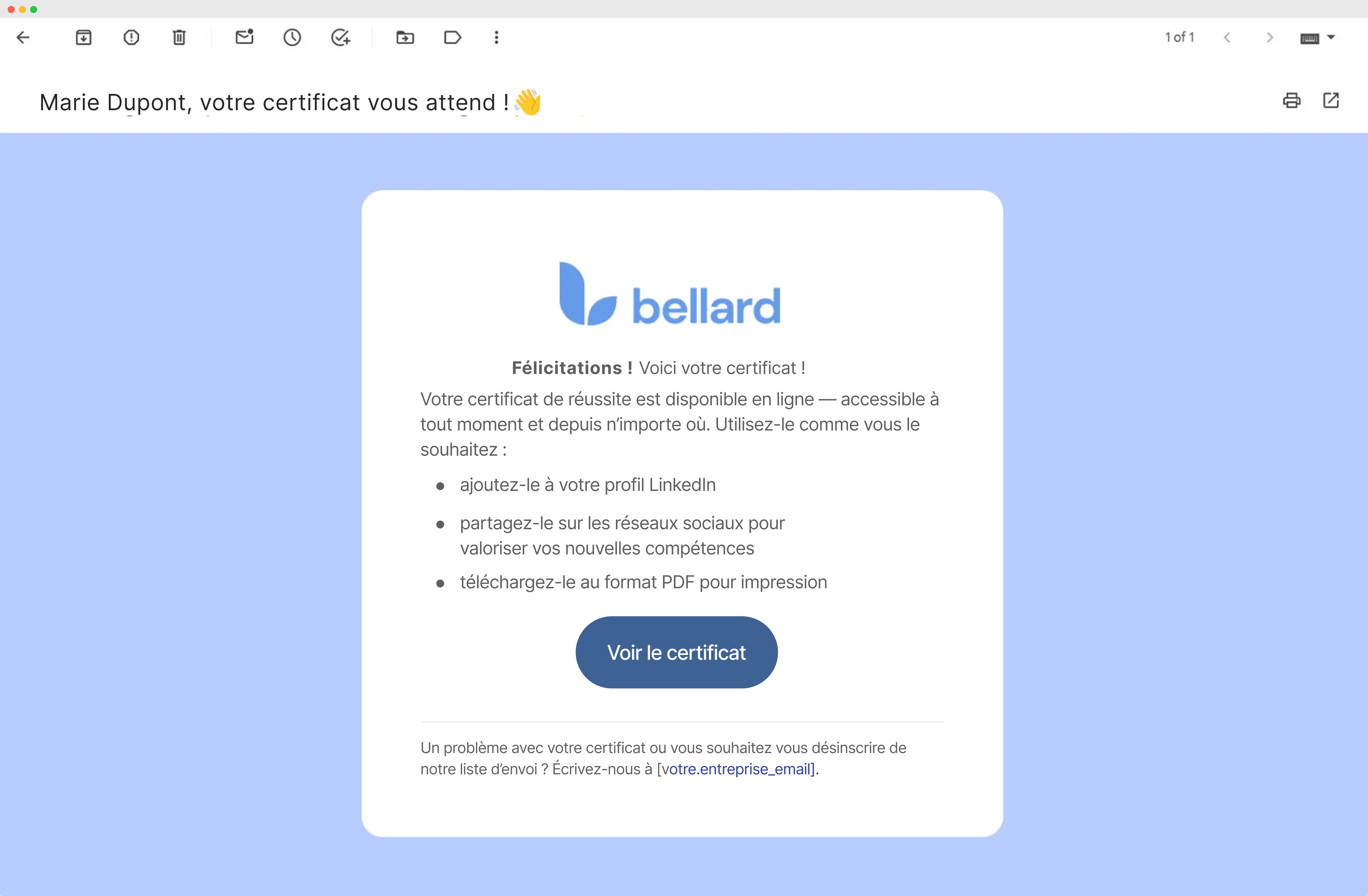 Une notification par e-mail informant le destinataire de son certificat numérique, illustrant l'étape finale du processus de création et de distribution électronique des certificats. Une notification par e-mail informant le destinataire de son certificat numérique, illustrant l'étape finale du processus de création et de distribution électronique des certificats.