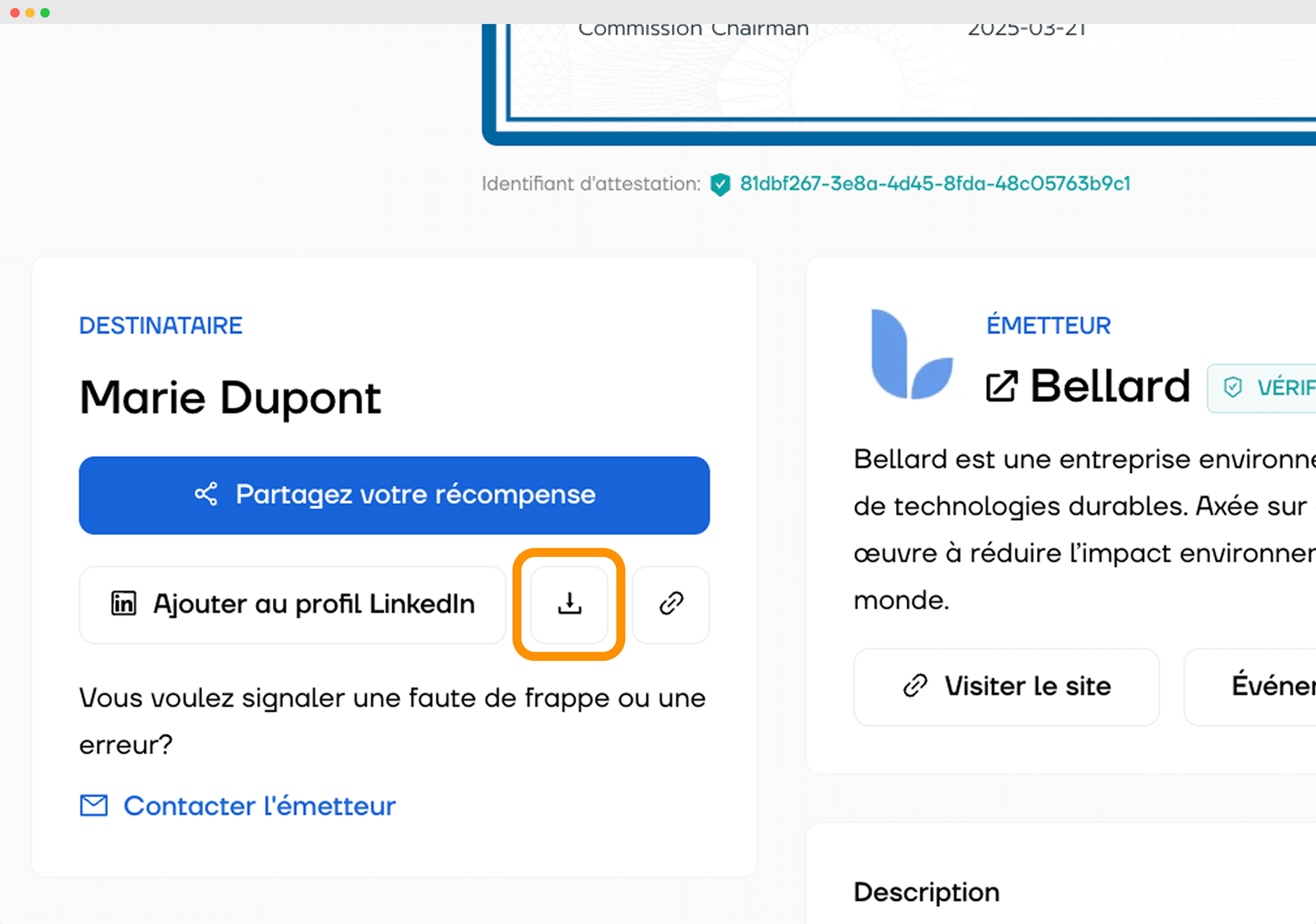 L'option de téléchargement du certificat, accompagnée des outils de partage dans le portefeuille numérique du destinataire, met en valeur la création de certificats numériques en ligne facilitant leur distribution. L'option de téléchargement du certificat, accompagnée des outils de partage dans le portefeuille numérique du destinataire, met en valeur la création de certificats numériques en ligne facilitant leur distribution.