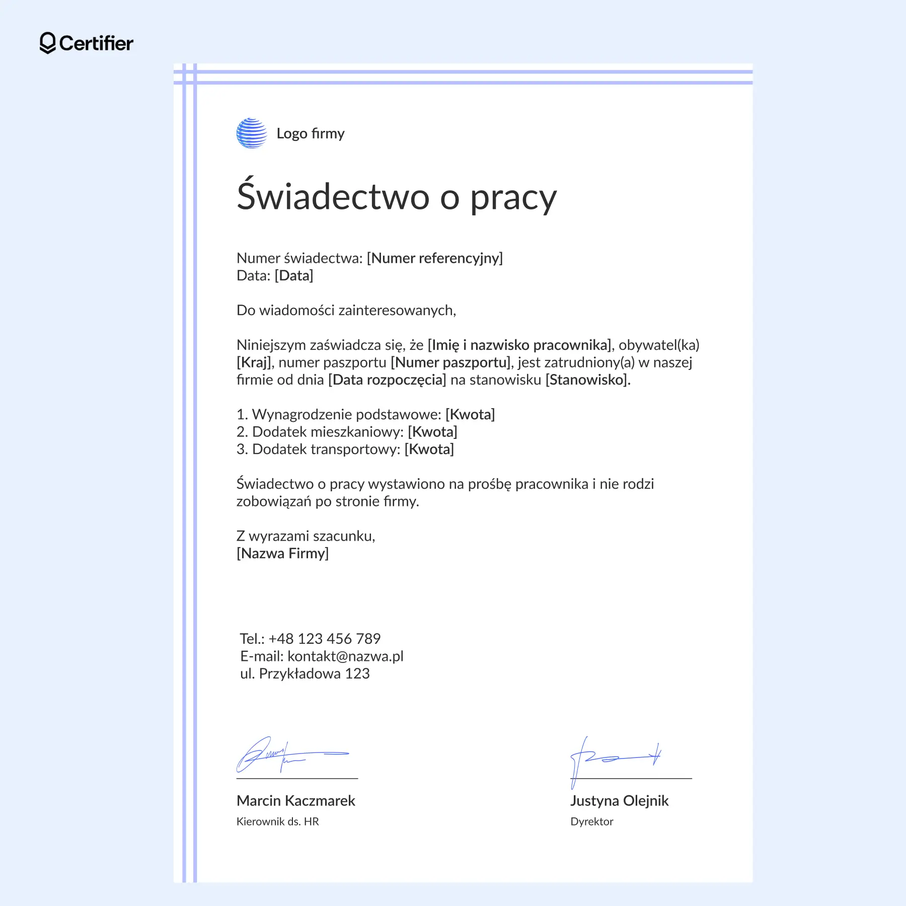 Estetyczny szablon świadectwa pracy z delikatnym obramowaniem, jasnym tłem i sekcjami na dane pracownika, daty oraz podpisy wystawiających dokument. Estetyczny szablon świadectwa pracy z delikatnym obramowaniem, jasnym tłem i sekcjami na dane pracownika, daty oraz podpisy wystawiających dokument.