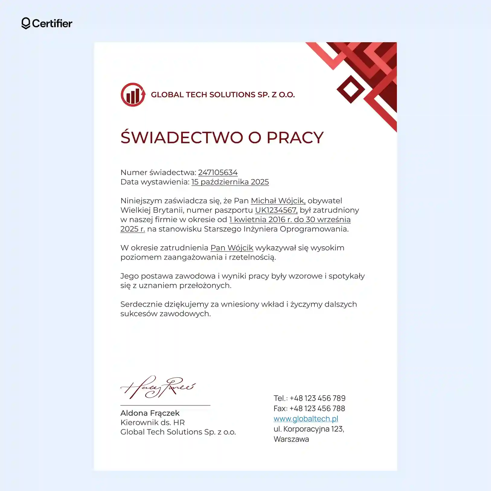 Nowoczesny szablon świadectwa pracy z geometrycznymi czerwonymi elementami w rogu, podkreślonymi nagłówkami i czytelnym układem informacji, miejscem na zwolnienia od pracy przewidziane i nie tylko. Nowoczesny szablon świadectwa pracy z geometrycznymi czerwonymi elementami w rogu, podkreślonymi nagłówkami i czytelnym układem informacji, miejscem na zwolnienia od pracy przewidziane i nie tylko.