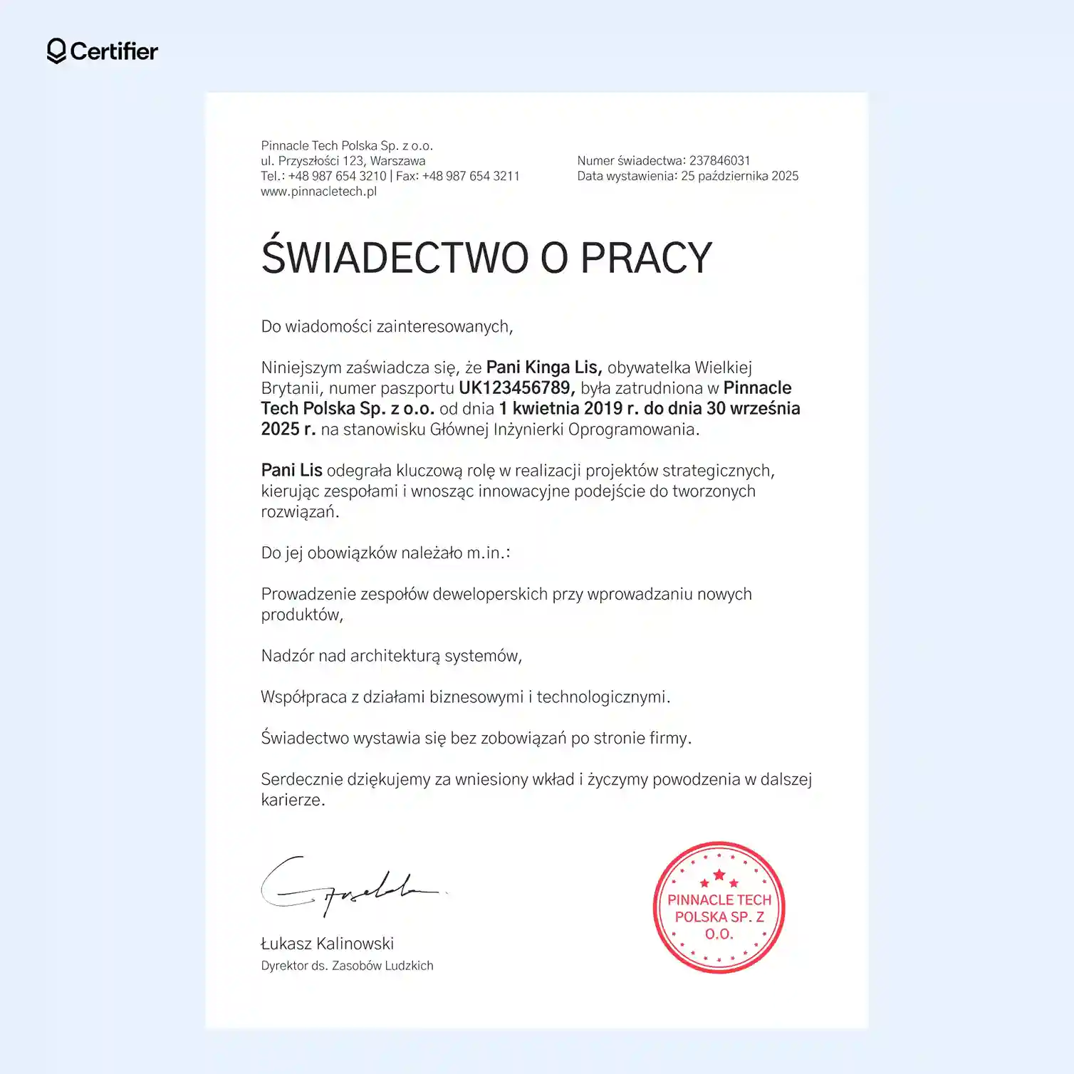 Tradycyjny szablon świadectwa pracy z uporządkowanymi sekcjami, listą obowiązków w punktach i miejscem na pieczęć firmową. Tradycyjny szablon świadectwa pracy z uporządkowanymi sekcjami, listą obowiązków w punktach i miejscem na pieczęć firmową.