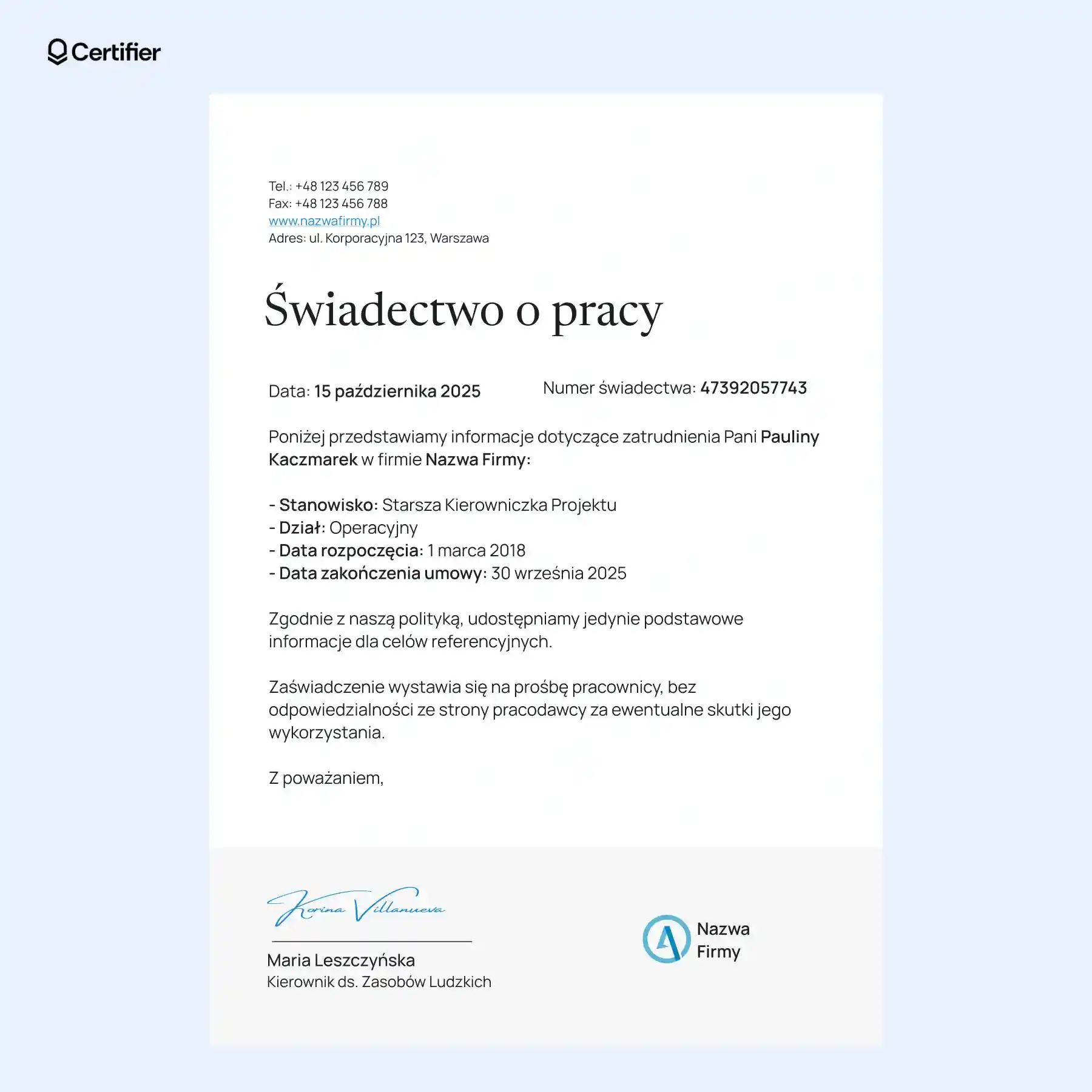 Minimalistyczny szablon świadectwa pracy z prostym układem i krótkimi blokami tekstu, idealny do szybkiego wypełnienia i przekazania. Minimalistyczny szablon świadectwa pracy z prostym układem i krótkimi blokami tekstu, idealny do szybkiego wypełnienia i przekazania.