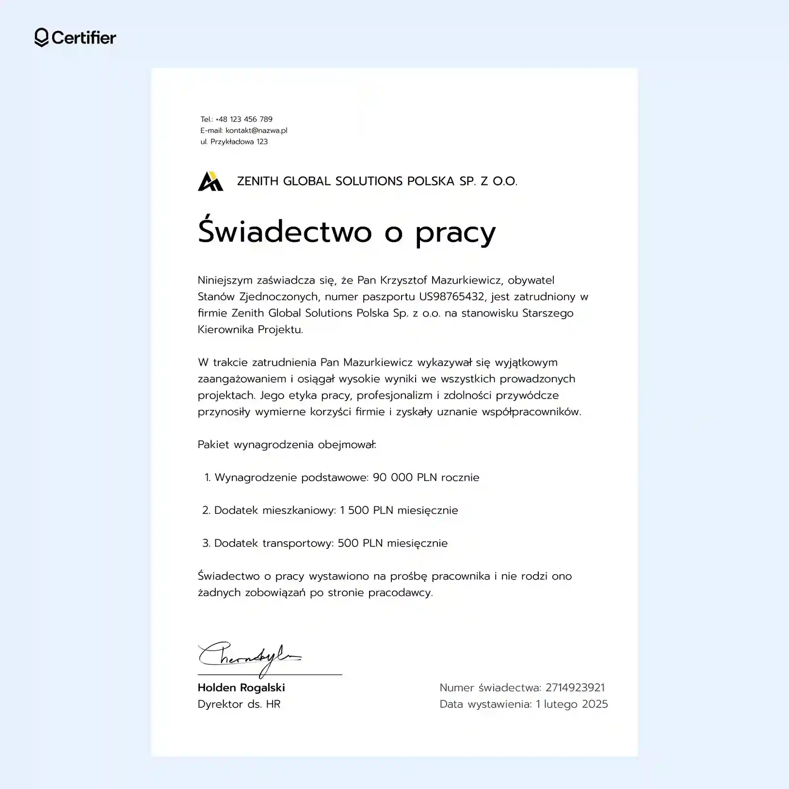 Estetyczny szablon świadectwa pracy z delikatnym układem graficznym, nowoczesną typografią i sekcją dotyczącą warunków finansowych oraz osiągnięć pracownika. Estetyczny szablon świadectwa pracy z delikatnym układem graficznym, nowoczesną typografią i sekcją dotyczącą warunków finansowych oraz osiągnięć pracownika.