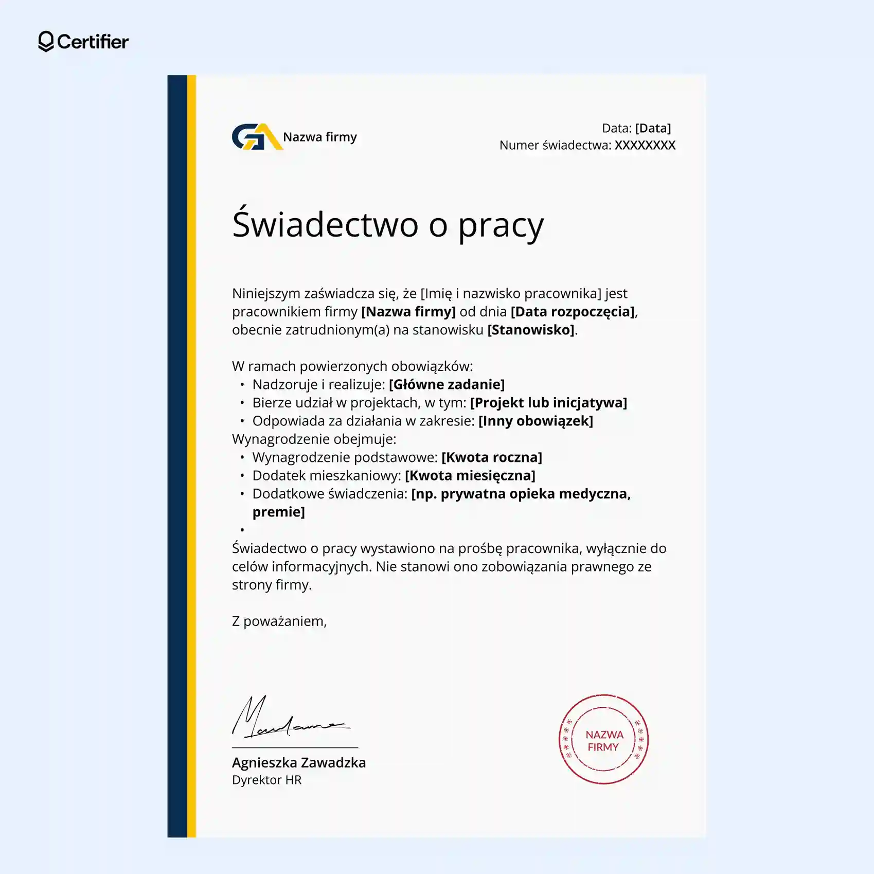 Szablon świadectwa pracy z kontrastową ramką, podziałem na wyróżnione sekcje, informacjami o zatrudnieniu i wynagrodzeniu, a także podpisami i pieczęcią. Szablon świadectwa pracy z kontrastową ramką, podziałem na wyróżnione sekcje, informacjami o zatrudnieniu i wynagrodzeniu, a także podpisami i pieczęcią.