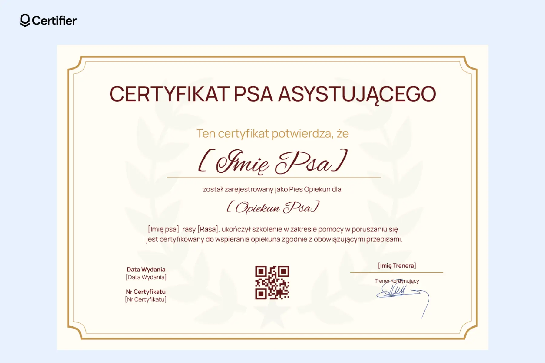 Tradycyjny certyfikatu psa asystującego wzór w odcieniach beżu i brązu z ozdobną ramką i podpisami. Tradycyjny certyfikatu psa asystującego wzór w odcieniach beżu i brązu z ozdobną ramką i podpisami.