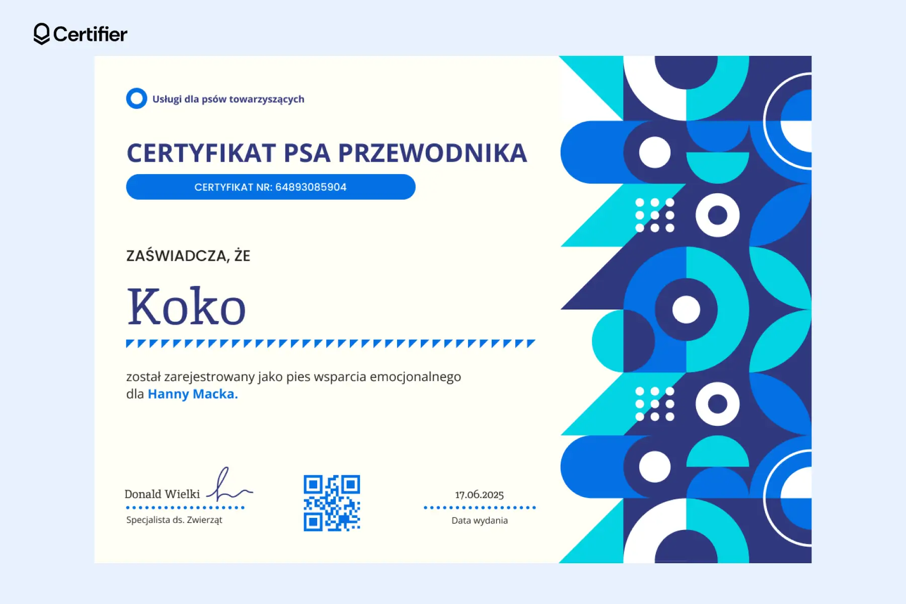 Energiczny certyfikat psa asystującego z geometrycznym wzorem i kontrastową grafiką w odcieniach niebieskiego. Energiczny certyfikat psa asystującego z geometrycznym wzorem i kontrastową grafiką w odcieniach niebieskiego.