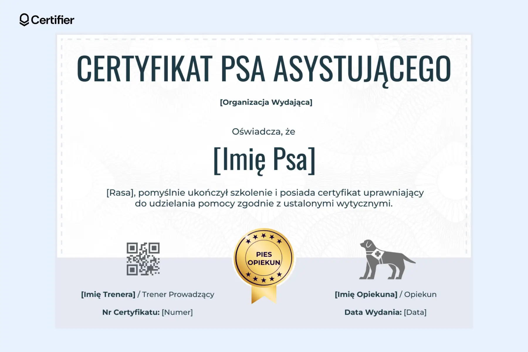 Certyfikat psa opiekuna z ikoną psa medycznego, złotą odznaką i szarą sekcją informacyjną na dole dokumentu. Certyfikat psa opiekuna z ikoną psa medycznego, złotą odznaką i szarą sekcją informacyjną na dole dokumentu.