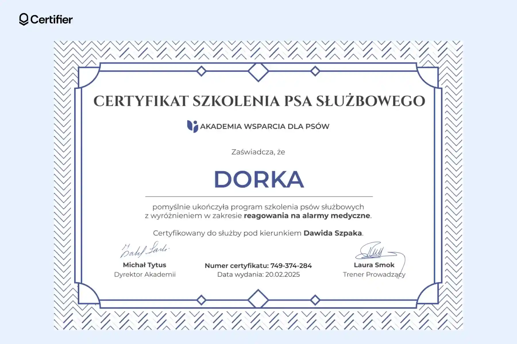 Certyfikat psa służbowego z dekoracyjną ramką i elementami graficznymi w stylu geometrycznym. Certyfikat psa służbowego z dekoracyjną ramką i elementami graficznymi w stylu geometrycznym.