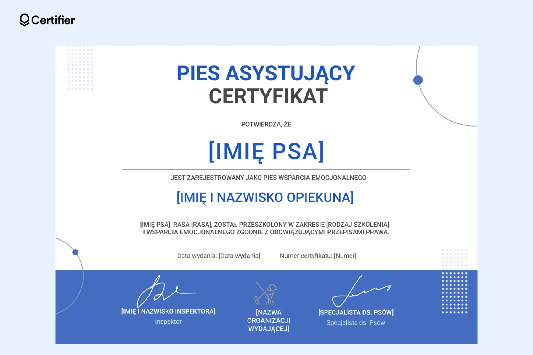 Prosty certyfikat psa asystującego wzór z dużym tytułem, jasno zaznaczonym imieniem psa i danymi opiekuna. Prosty certyfikat psa asystującego wzór z dużym tytułem, jasno zaznaczonym imieniem psa i danymi opiekuna.