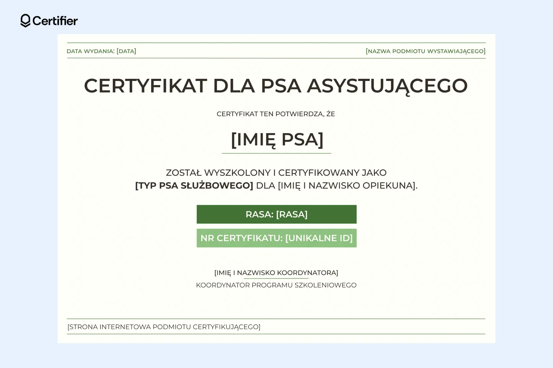Zielony certyfikat psa asystującego wzór z wyróżnionymi zielonymi polami na rasę i numer certyfikatu. Zielony certyfikat psa asystującego wzór z wyróżnionymi zielonymi polami na rasę i numer certyfikatu.