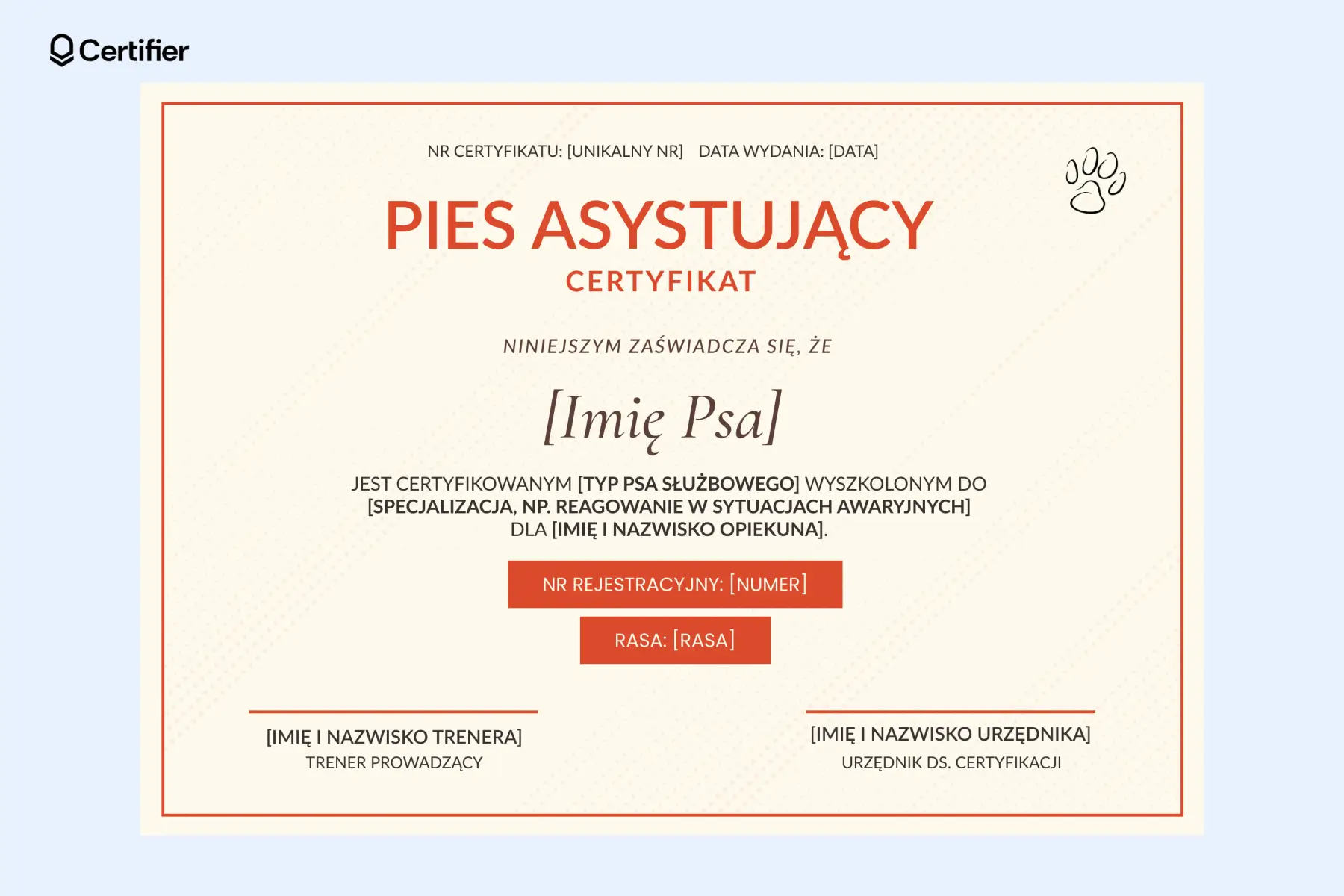 Ciepły i dynamiczny certyfikat psa asystującego z typografią w kolorze pomarańczowym i ikoną łapy w rogu. Ciepły i dynamiczny certyfikat psa asystującego z typografią w kolorze pomarańczowym i ikoną łapy w rogu.
