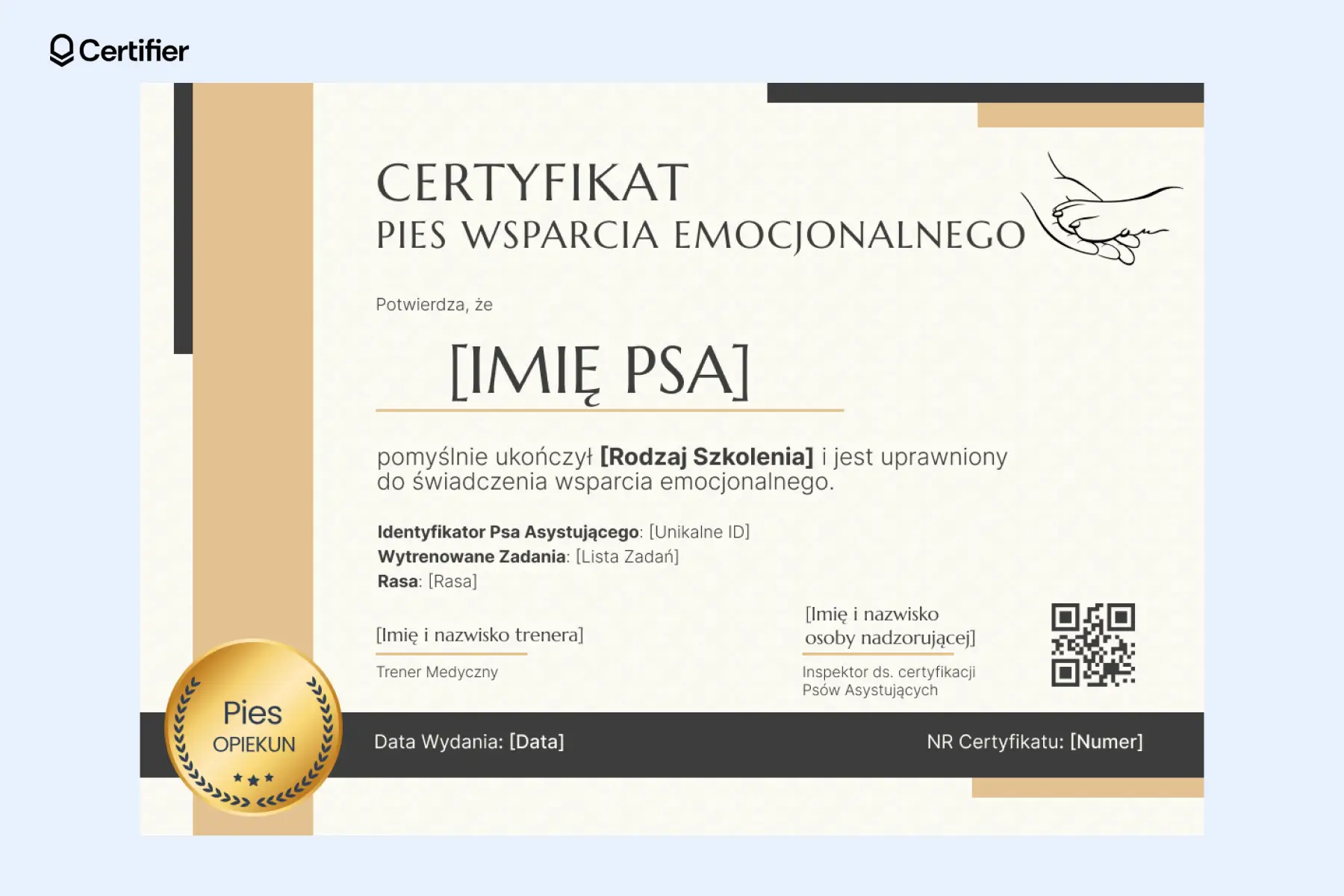 Beżowy certyfikat psa wsparcia emocjonalnego z symbolem dłoni i łapy, miejscem na dane psa, opiekuna i listę zadań. Beżowy certyfikat psa wsparcia emocjonalnego z symbolem dłoni i łapy, miejscem na dane psa, opiekuna i listę zadań.