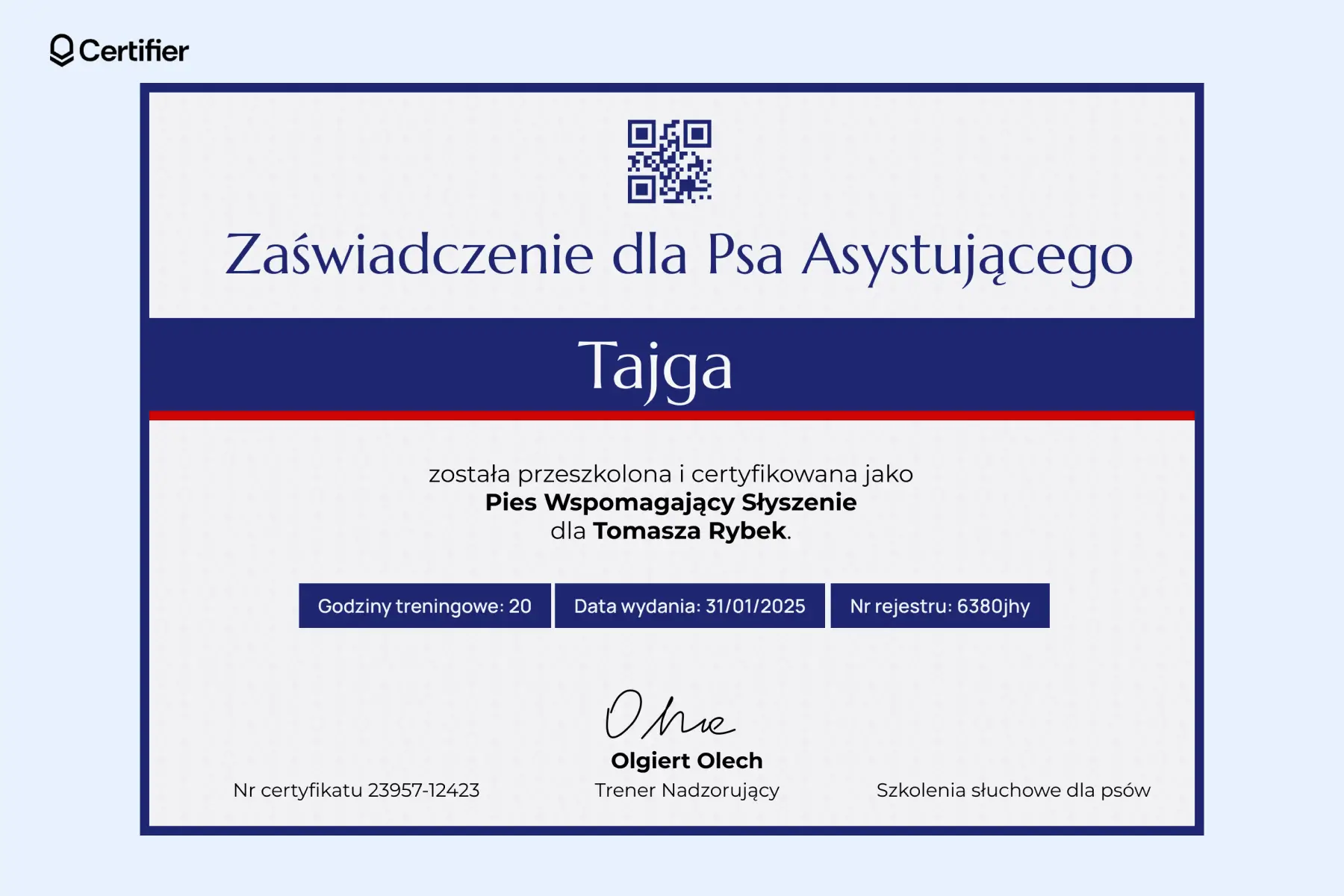 Pies asystujący certyfikat wspomagający słyszenie w kontrastowych barwach granatu i czerwieni, z wyeksponowanym imieniem psa. Pies asystujący certyfikat wspomagający słyszenie w kontrastowych barwach granatu i czerwieni, z wyeksponowanym imieniem psa.