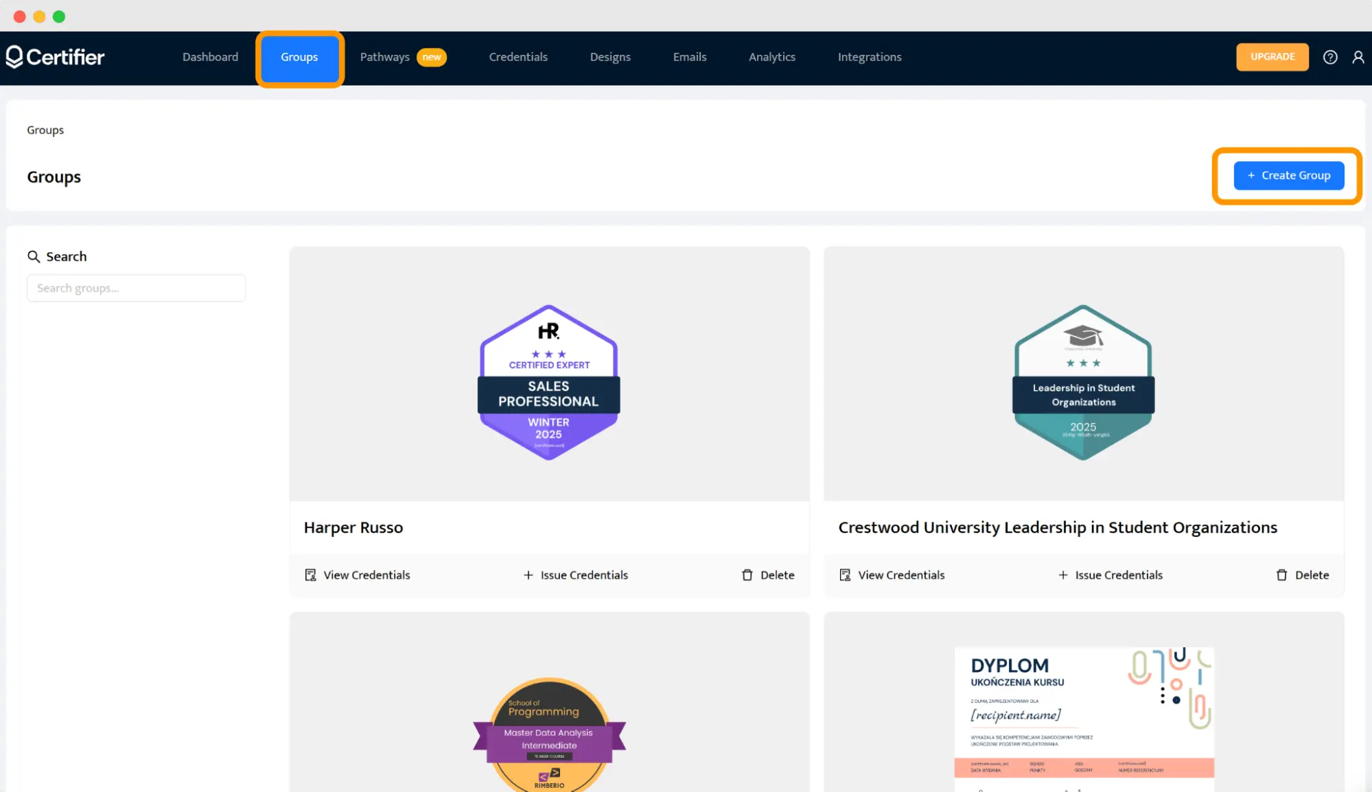 Certifier’s dashboard showing how to manage online non credit courses and track completed certificates. Certifier’s dashboard showing how to manage online non credit courses and track completed certificates.
