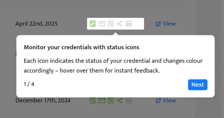 Tracking issued certificate documents options using status icons for improved visibility and control across the learning community. Tracking issued certificate documents options using status icons for improved visibility and control across the learning community.