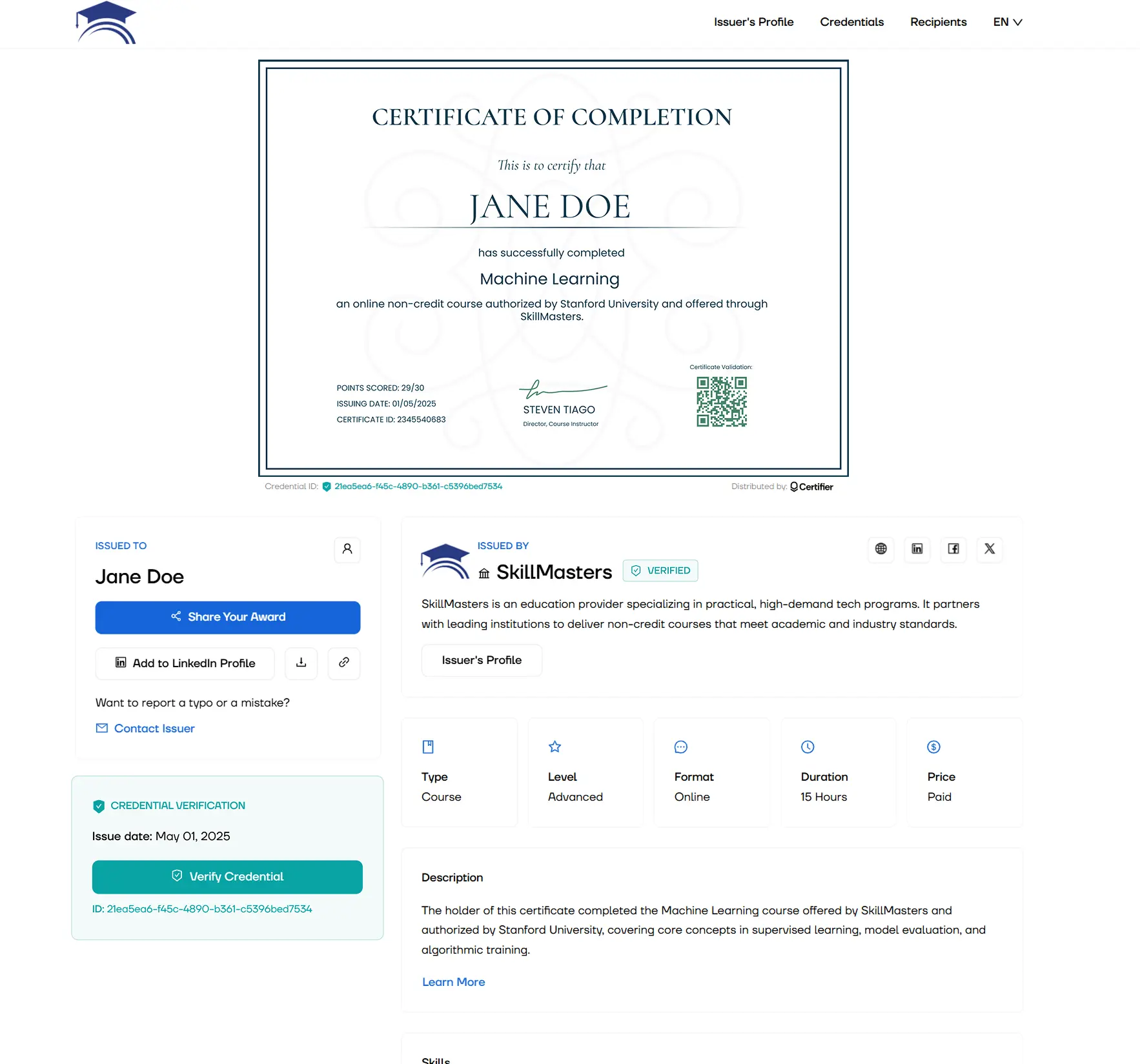 Digital certificate wallet displaying a completed Coursera specialization certificate sample with validation, sharing options coursework details, teacher's name and more. Digital certificate wallet displaying a completed Coursera specialization certificate sample with validation, sharing options coursework details, teacher's name and more.